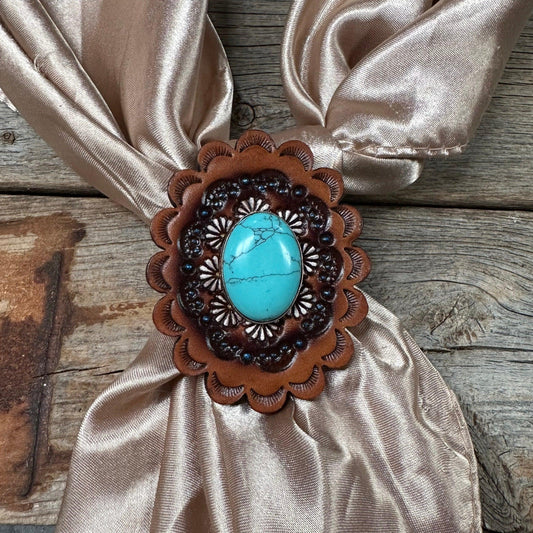 Leather Rosette with Turquoise Cabochon Wild Rag Slide #WRSR102TQ - RODEO DRIVE