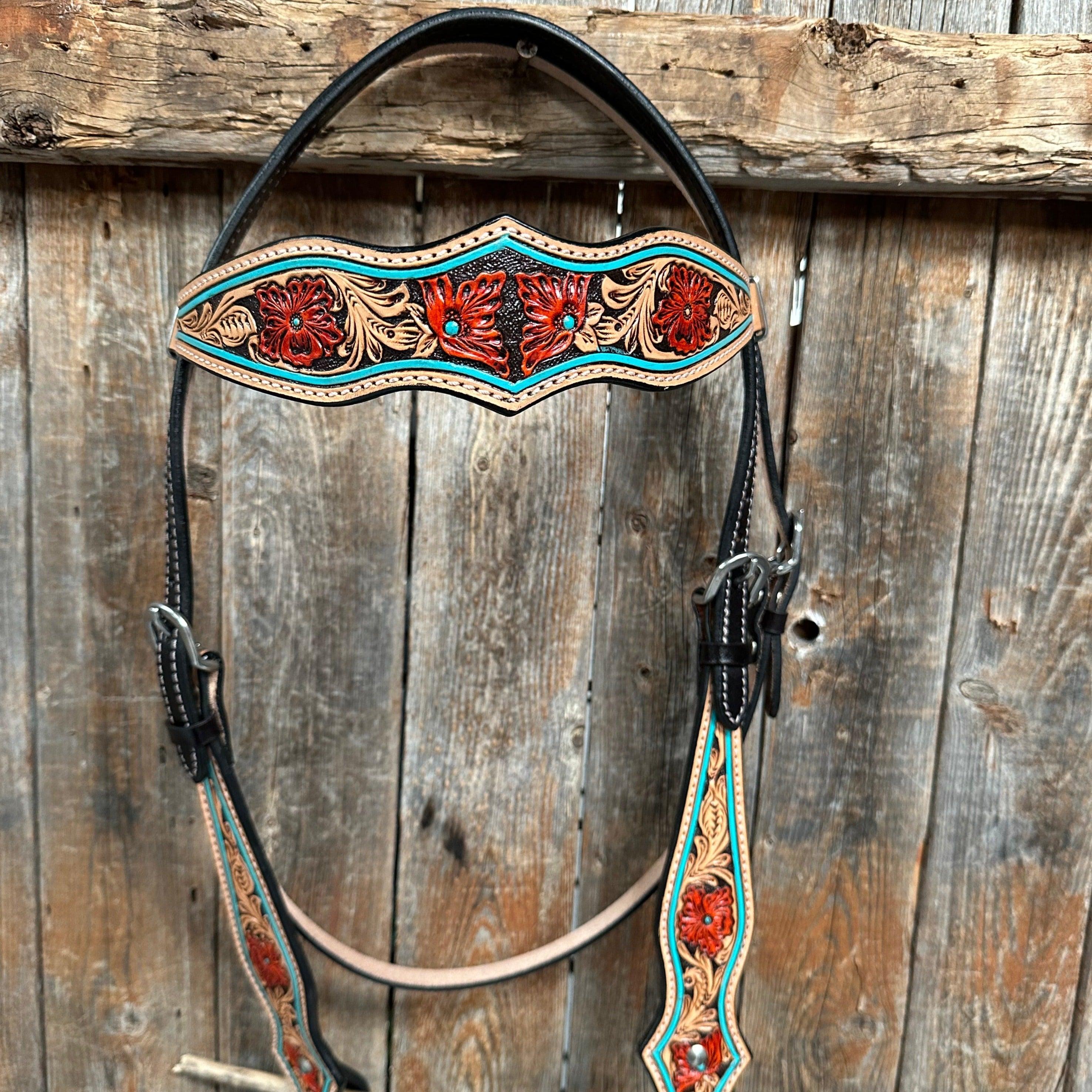 Turquoise and Rust Browband Headstall / Bridle #FK132 - RODEO DRIVE