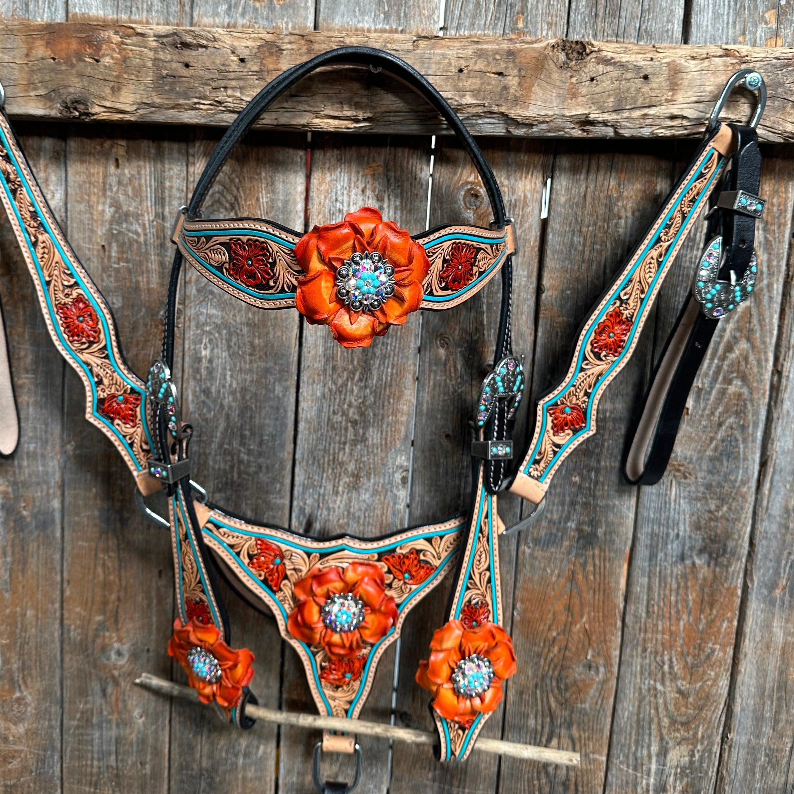 Teal Two Tone Orange and Turquoise Browband/ Breastcollar #BBBC521 - RODEO DRIVE