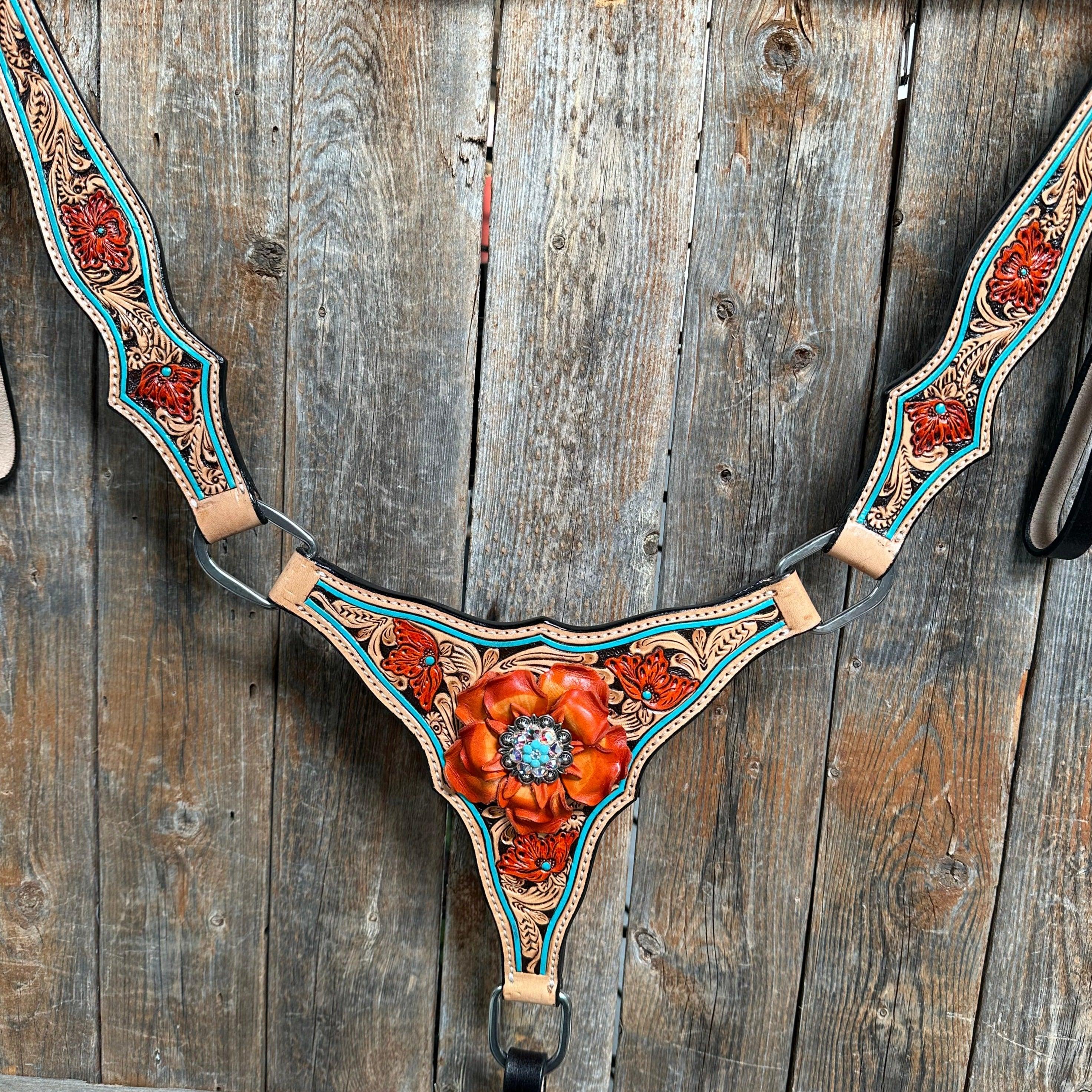 Teal Two Tone Orange and Turquoise Browband/ Breastcollar #BBBC521 - RODEO DRIVE