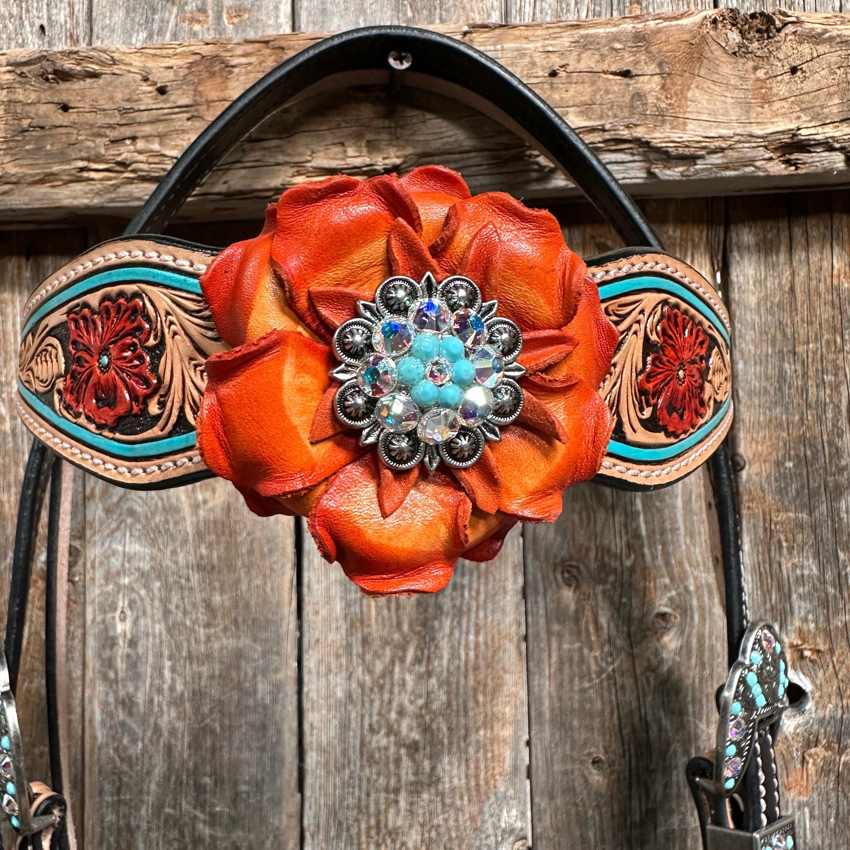 Teal Two Tone Orange and Turquoise Browband/ Breastcollar #BBBC521 - RODEO DRIVE