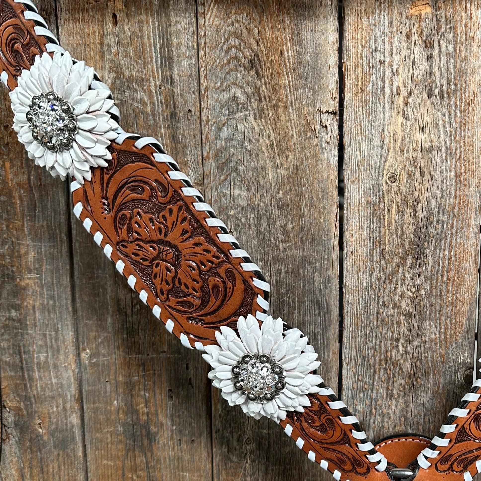 Light Oil Whipstitch White Daisy One Ear/ Breastcollar #OEBC519 - RODEO DRIVE