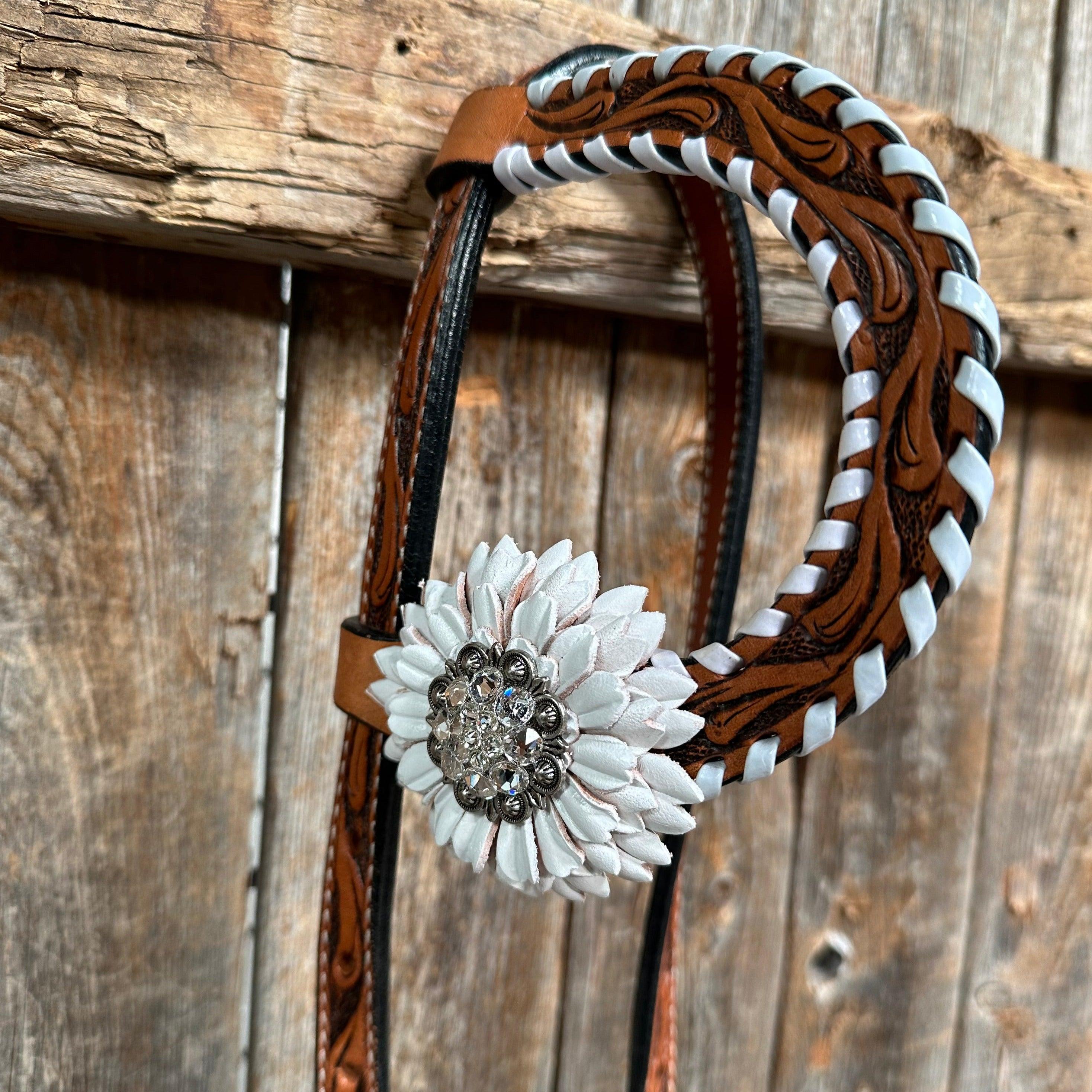 Light Oil Whipstitch White Daisy One Ear/ Breastcollar #OEBC519 - RODEO DRIVE