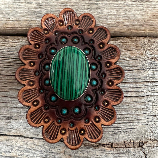 Leather Rosette Medium Oil Edges with Green Cabochon Western Concho R107CABRG - RODEO DRIVE