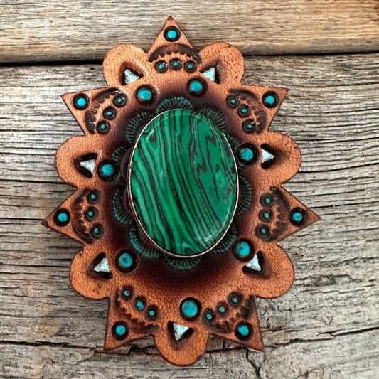 Leather Rosette Starburst - Green Cabochon Western Concho R110CABGR - RODEO DRIVE