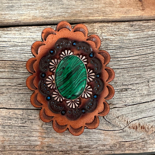 Leather Rosette with Green Cabochon Western Concho R102CABGR - RODEO DRIVE