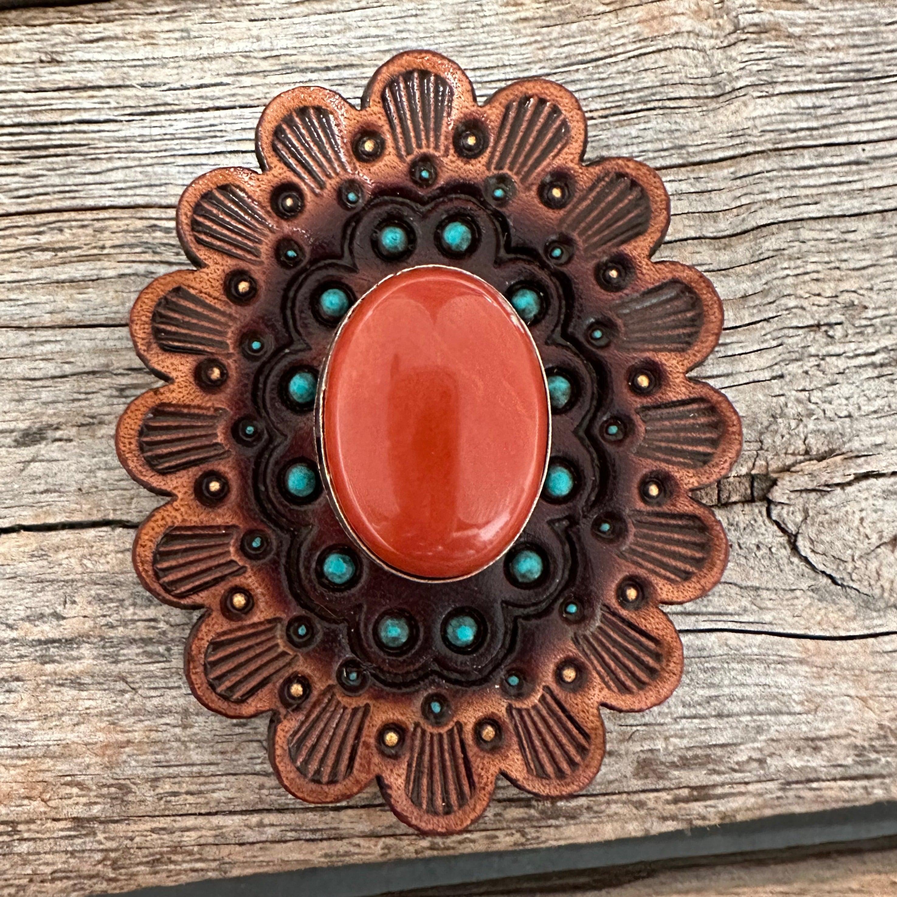 Leather Rosette Medium Oil Edges with Rust Cabochon Western Concho R107CABRU - RODEO DRIVE
