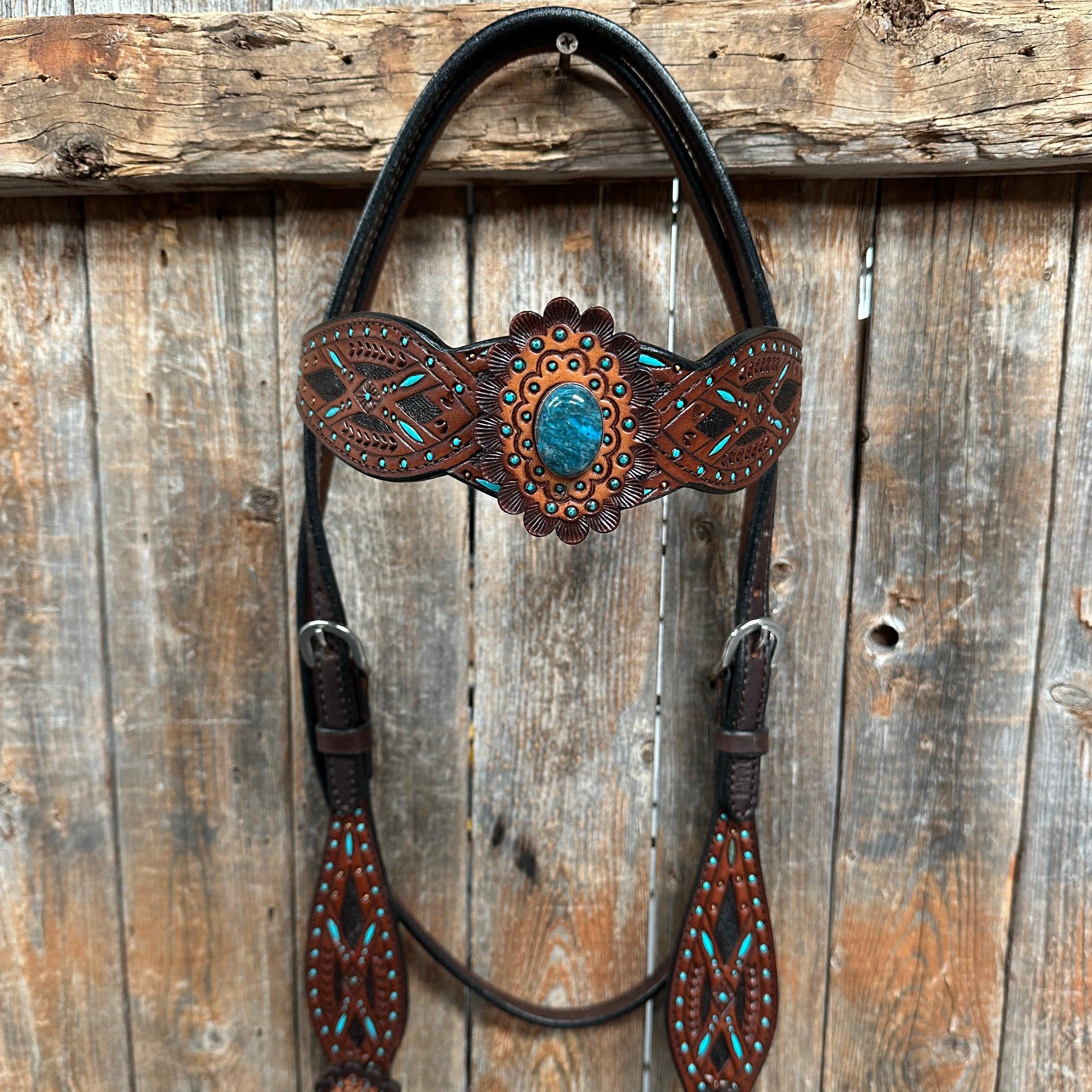 Dark Oil Hand Painted Blue Rosettes Browband/ Breastcollar #BBBC522 - RODEO DRIVE