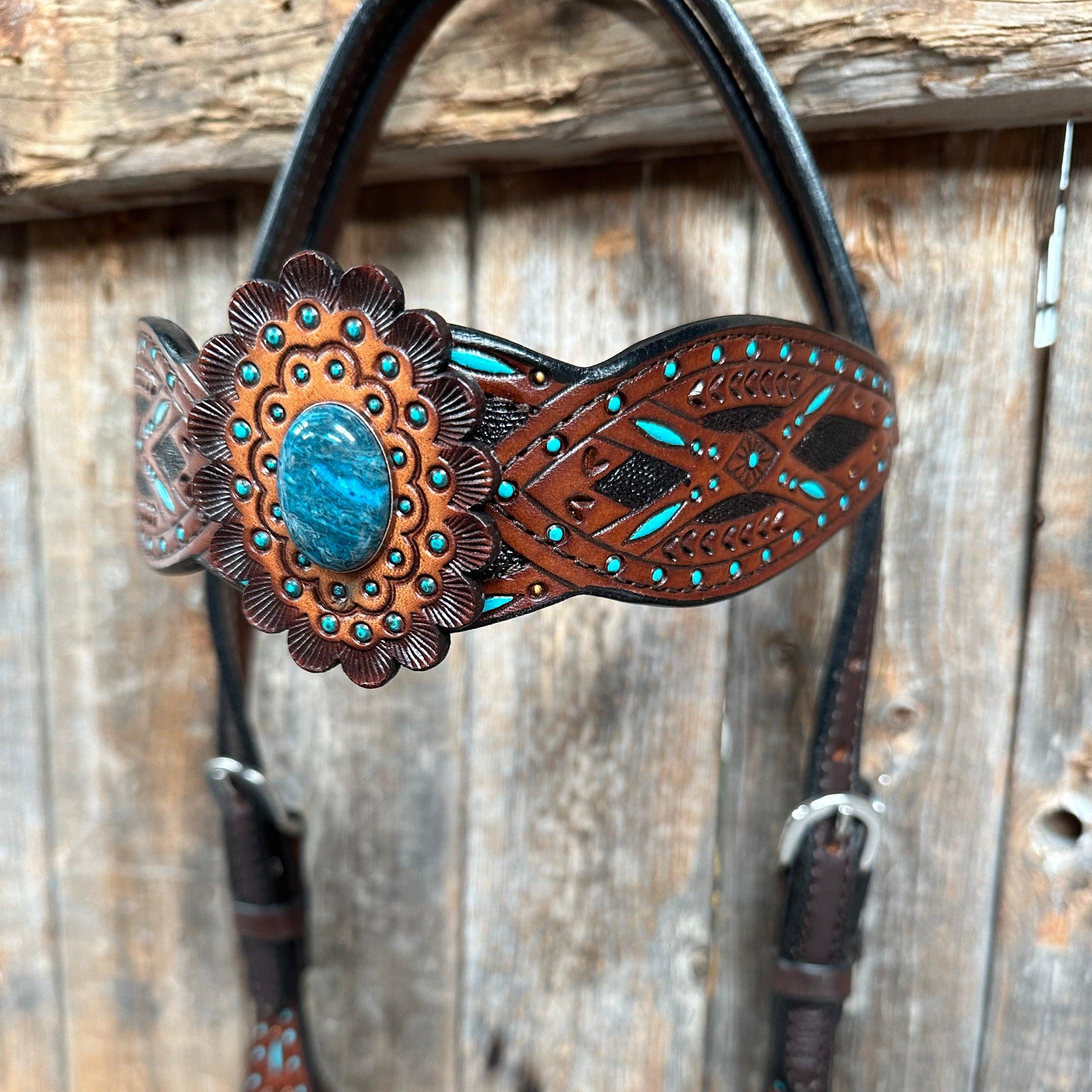 Dark Oil Hand Painted Blue Rosettes Browband/ Breastcollar #BBBC522 - RODEO DRIVE
