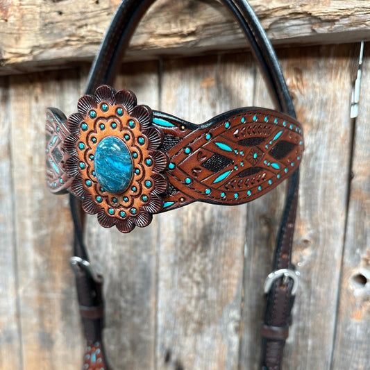 Dark Oil Hand Painted Blue Rosettes Browband/ Breastcollar #BBBC522 - RODEO DRIVE