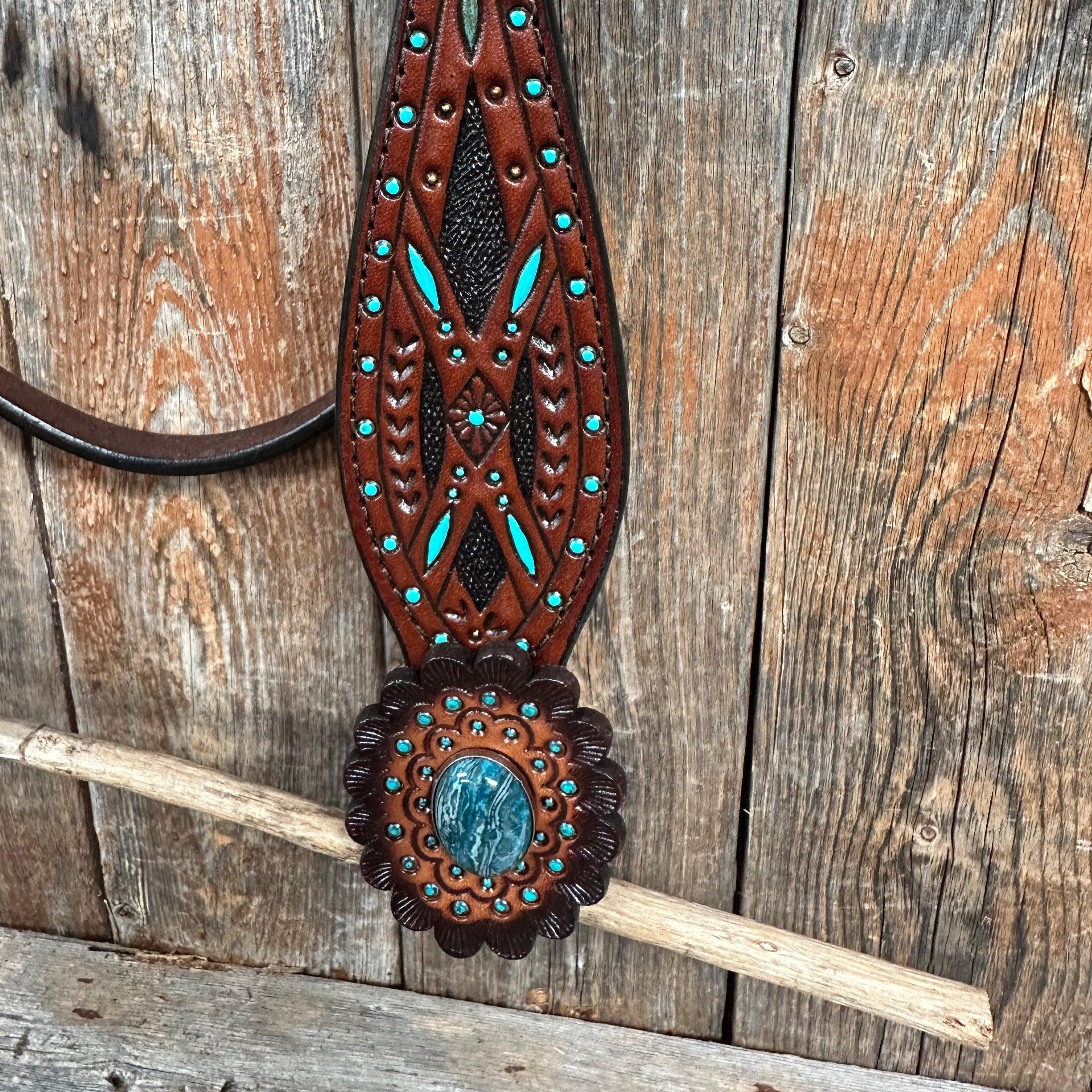 Dark Oil Hand Painted Blue Rosettes Browband/ Breastcollar #BBBC522 - RODEO DRIVE