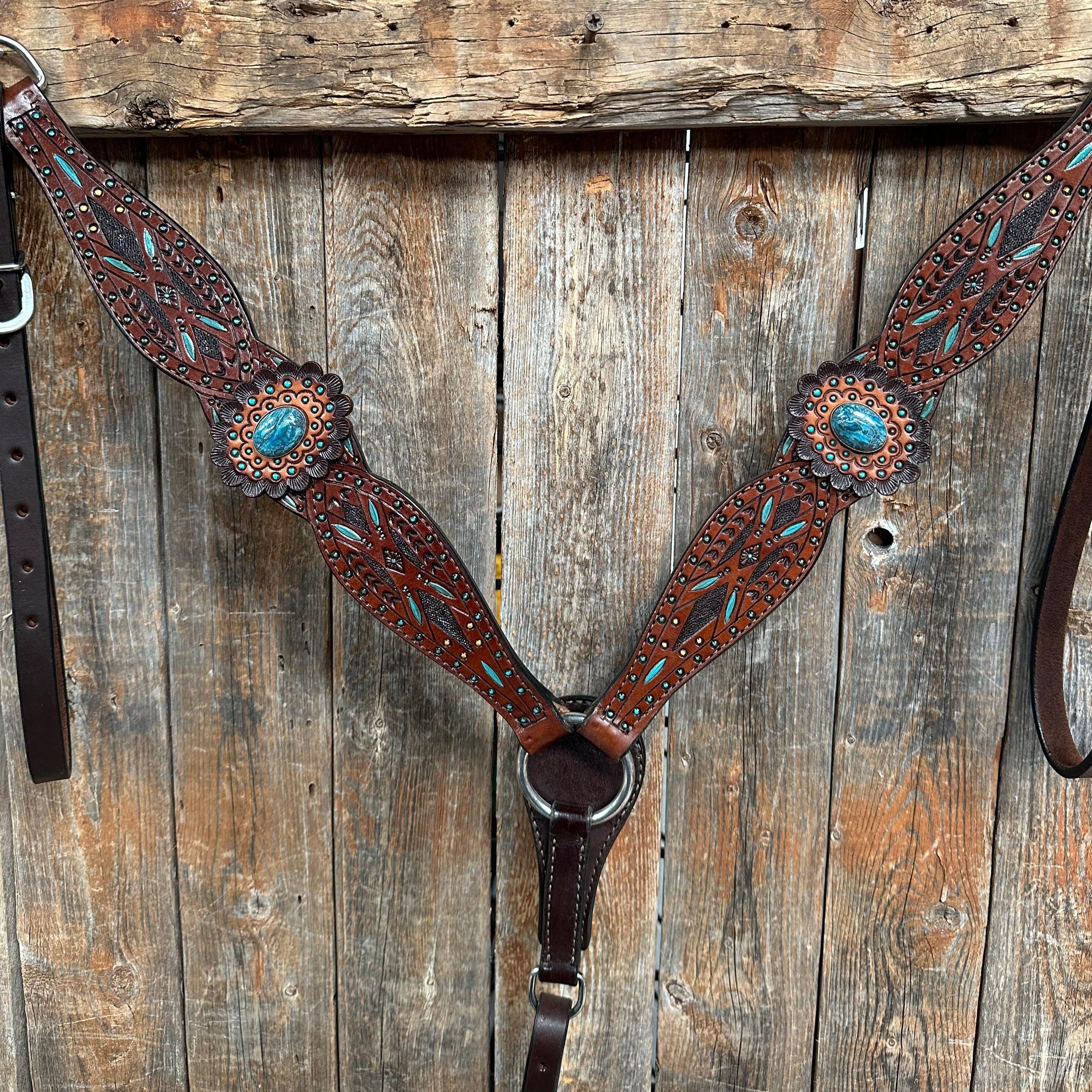 Dark Oil Hand Painted Blue Rosettes Browband/ Breastcollar #BBBC522 - RODEO DRIVE