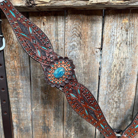 Dark Oil Hand Painted Blue Rosettes Browband/ Breastcollar #BBBC522 - RODEO DRIVE