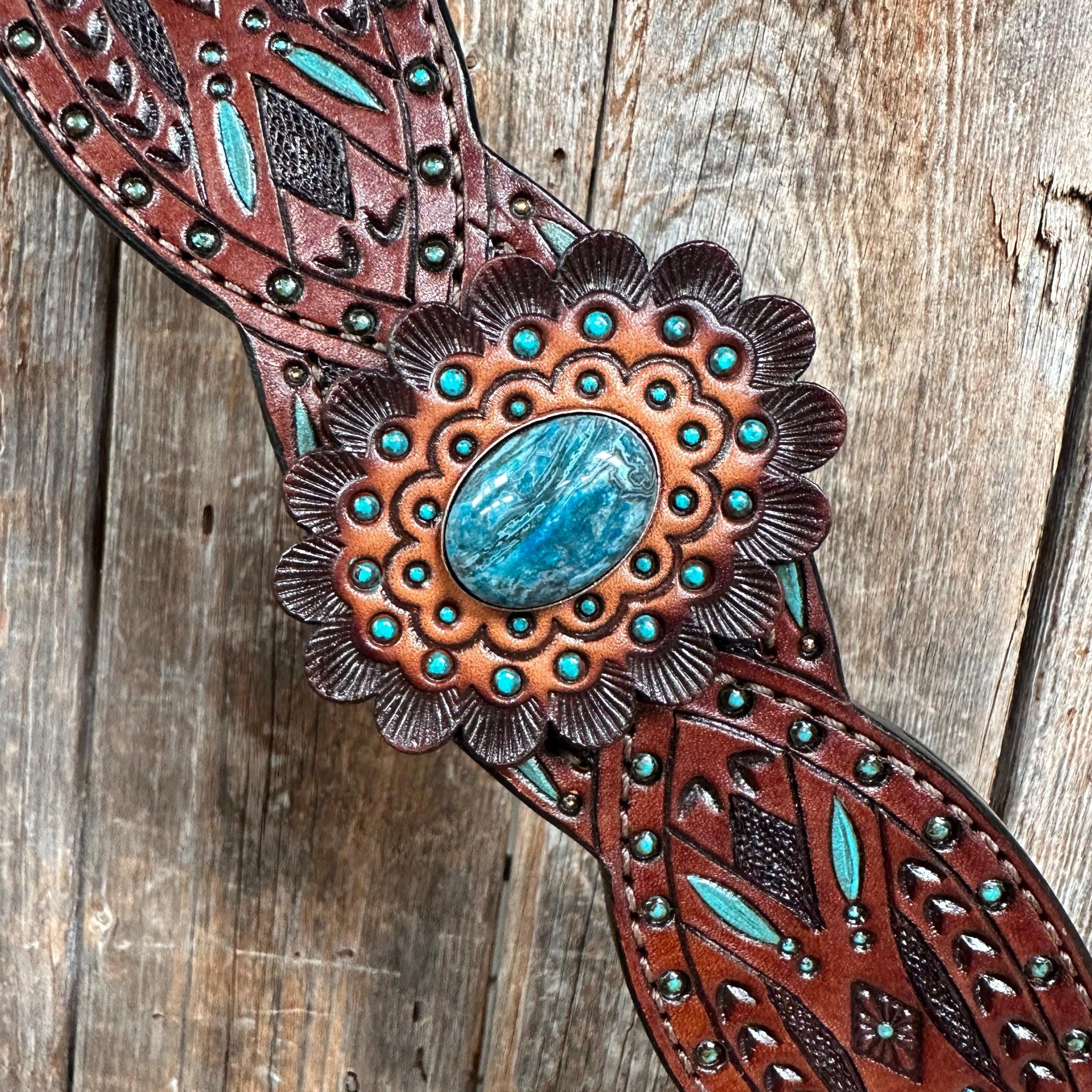 Dark Oil Hand Painted Blue Rosettes Browband/ Breastcollar #BBBC522 - RODEO DRIVE