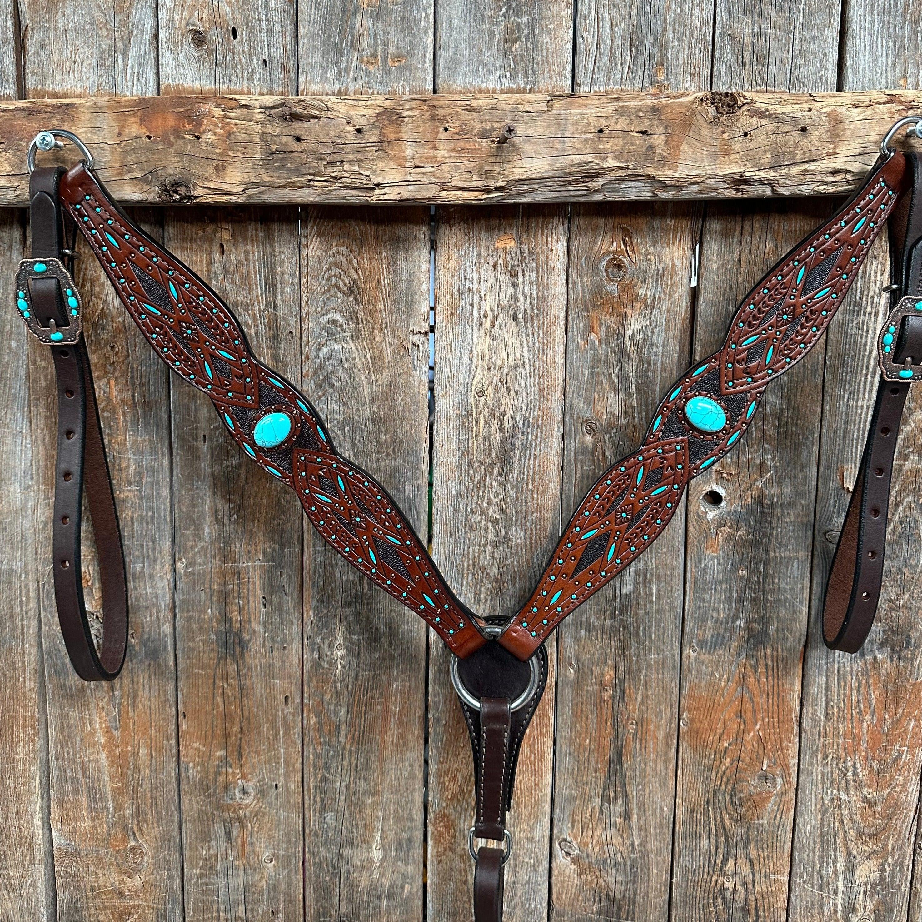 Dark Oil Hand Painted Turquoise Browband/ Breastcollar #BBBC524 - RODEO DRIVE