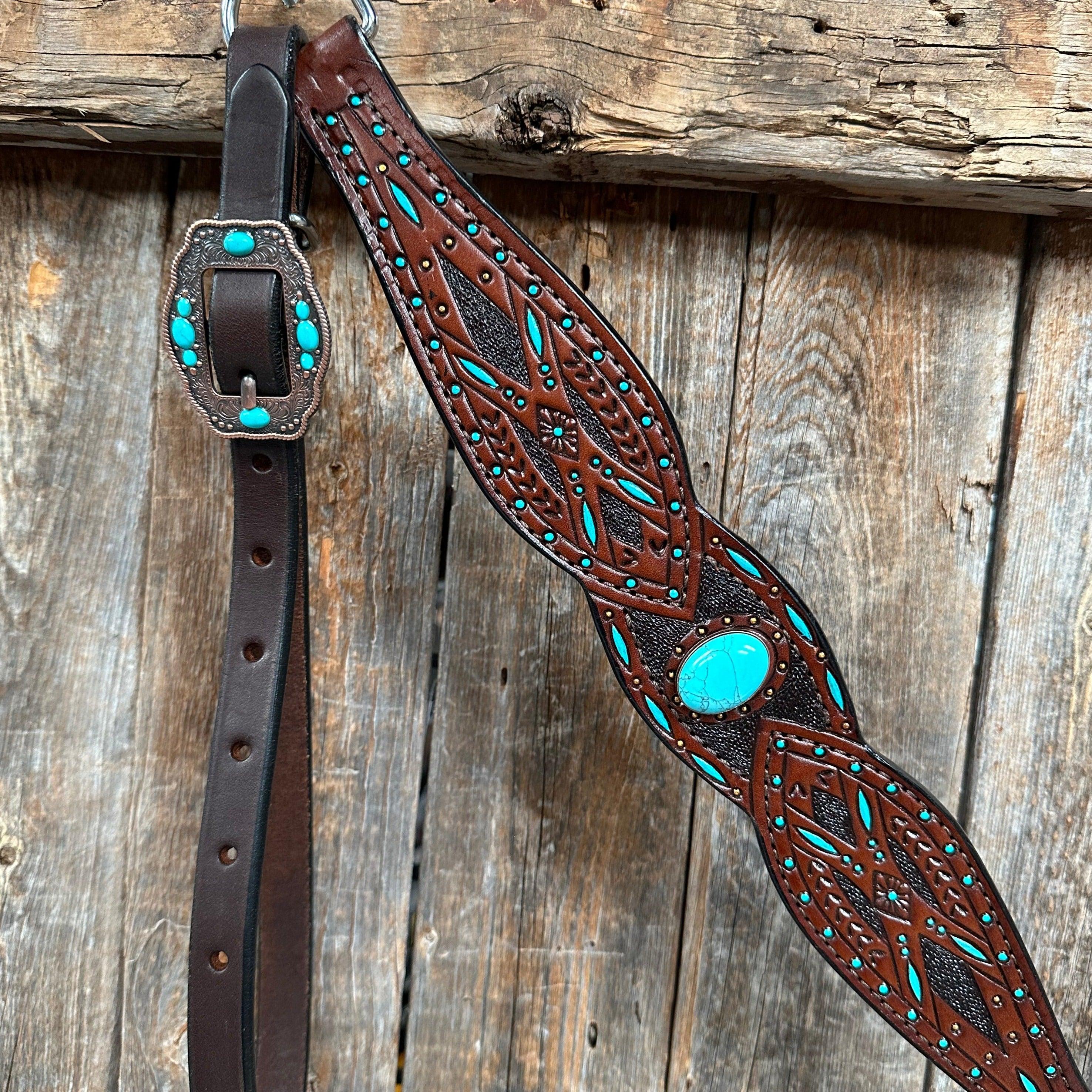 Dark Oil Hand Painted Turquoise Browband/ Breastcollar #BBBC524 - RODEO DRIVE