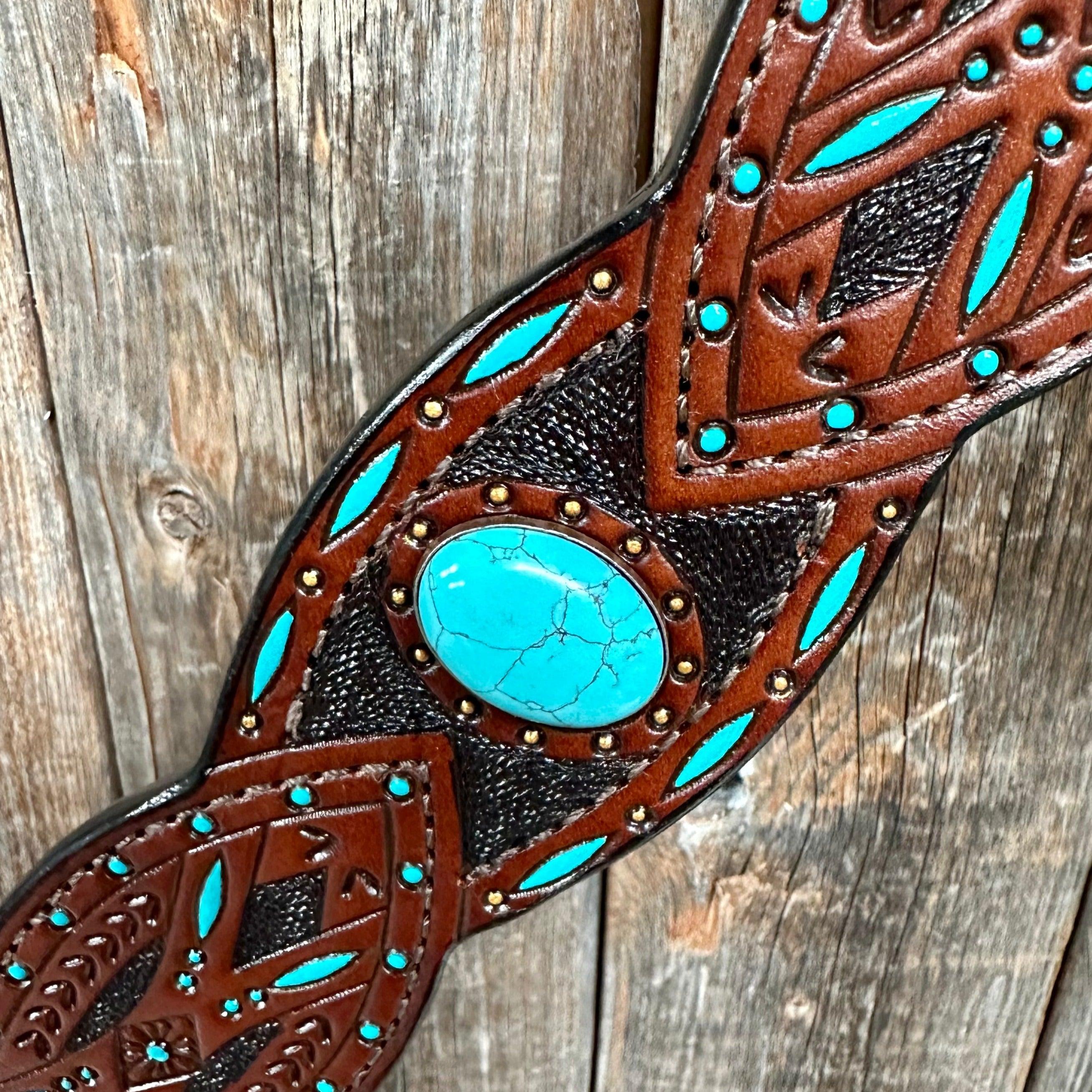 Dark Oil Hand Painted Turquoise Browband/ Breastcollar #BBBC524 - RODEO DRIVE