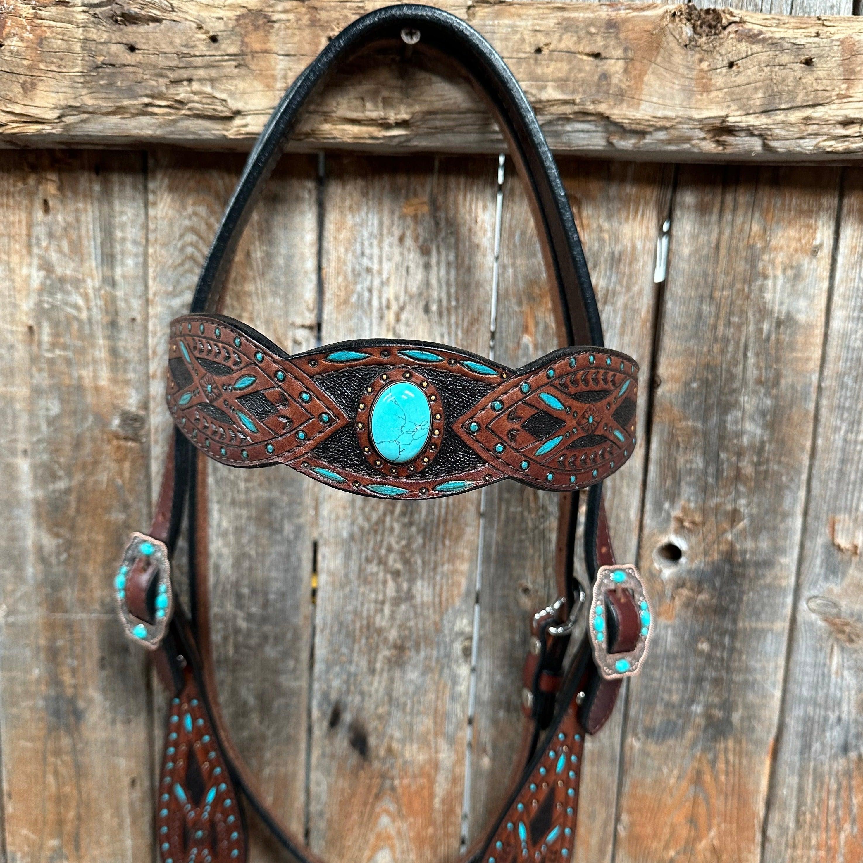 Dark Oil Hand Painted Turquoise Browband/ Breastcollar #BBBC524 - RODEO DRIVE