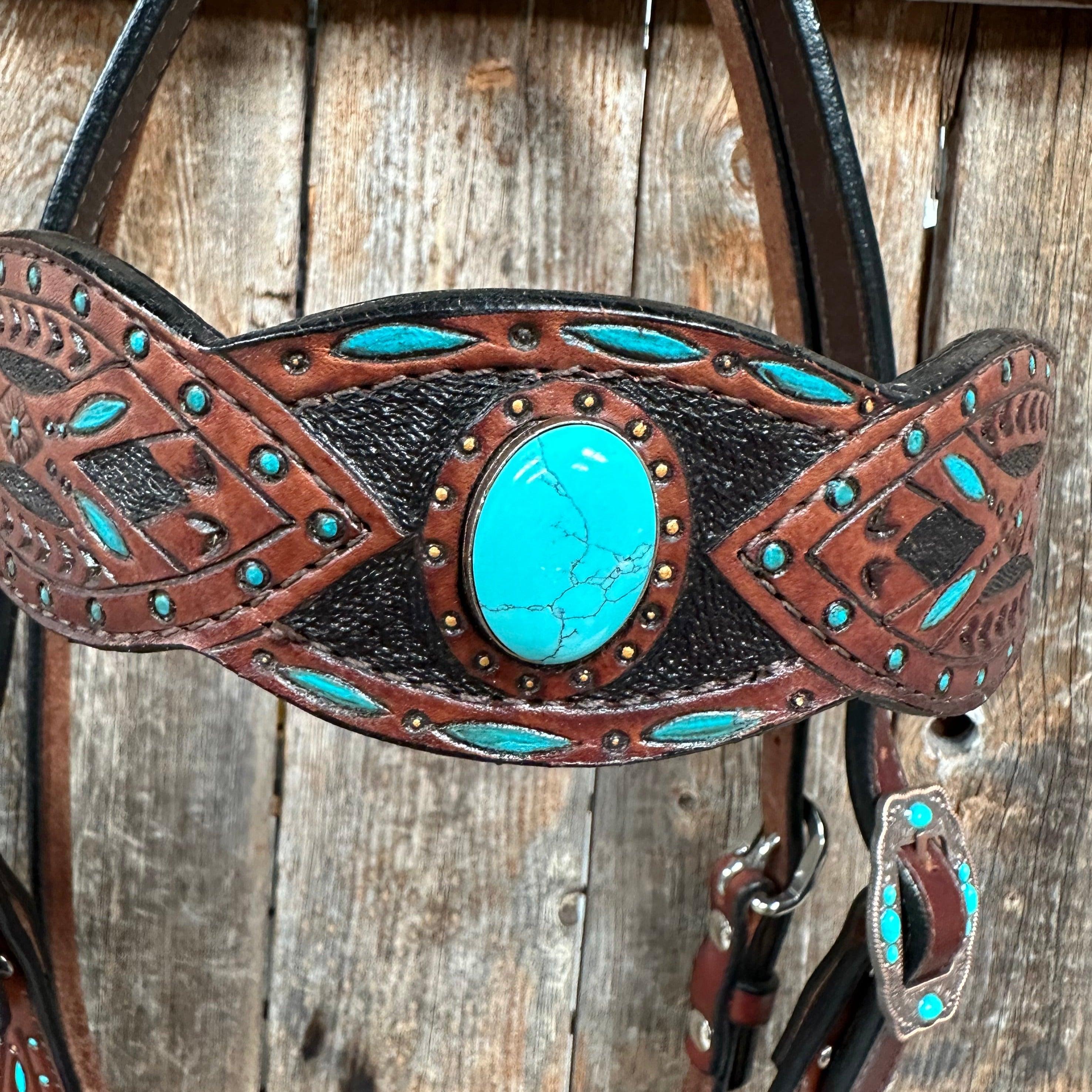 Dark Oil Hand Painted Turquoise Browband/ Breastcollar #BBBC524 - RODEO DRIVE