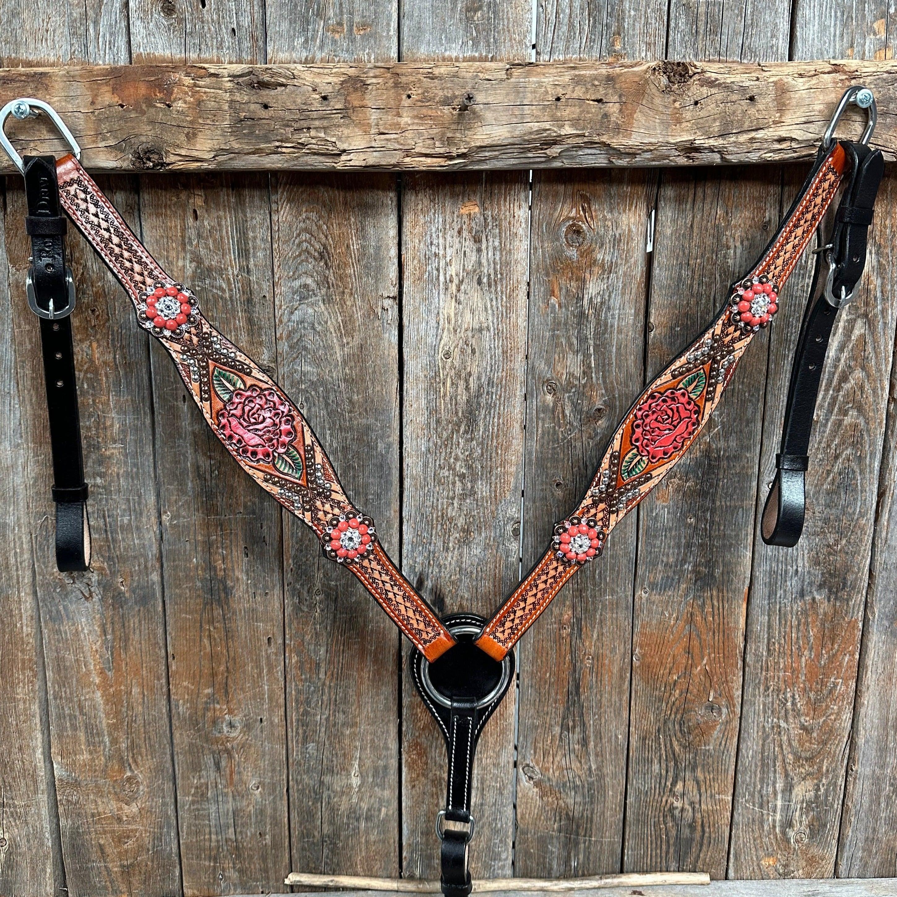 Rose Coral and Clear Browband/ Breastcollar #BBBC525 - RODEO DRIVE