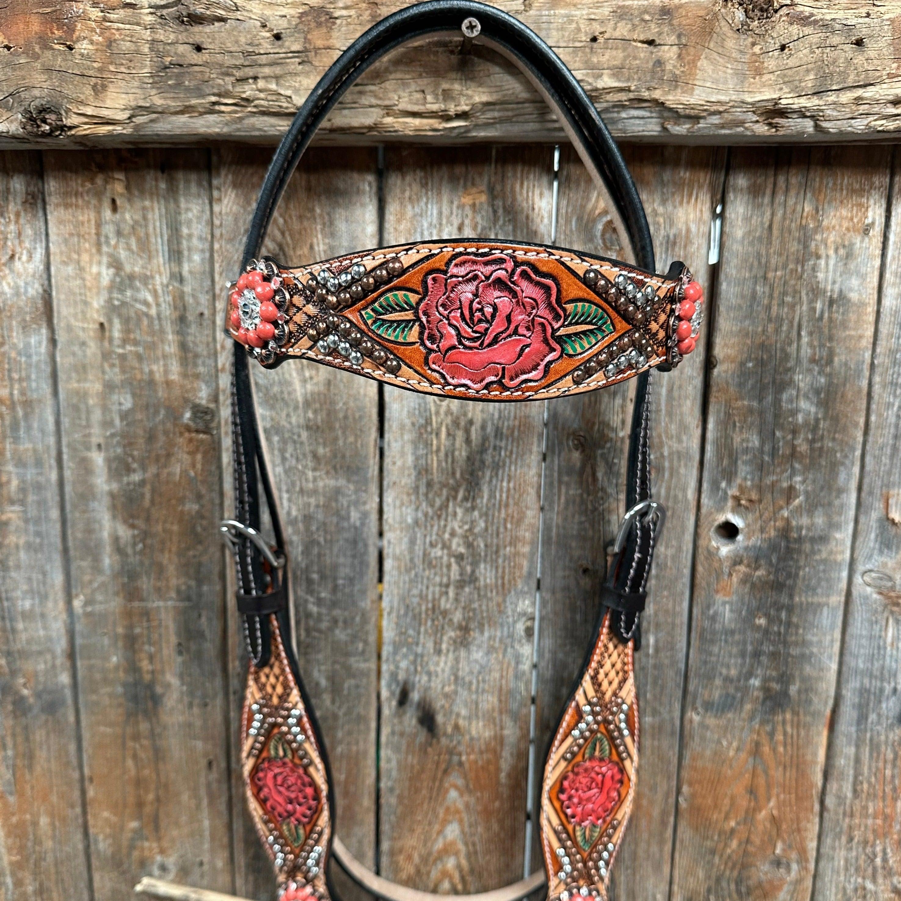 Rose Coral and Clear Browband/ Breastcollar #BBBC525 - RODEO DRIVE