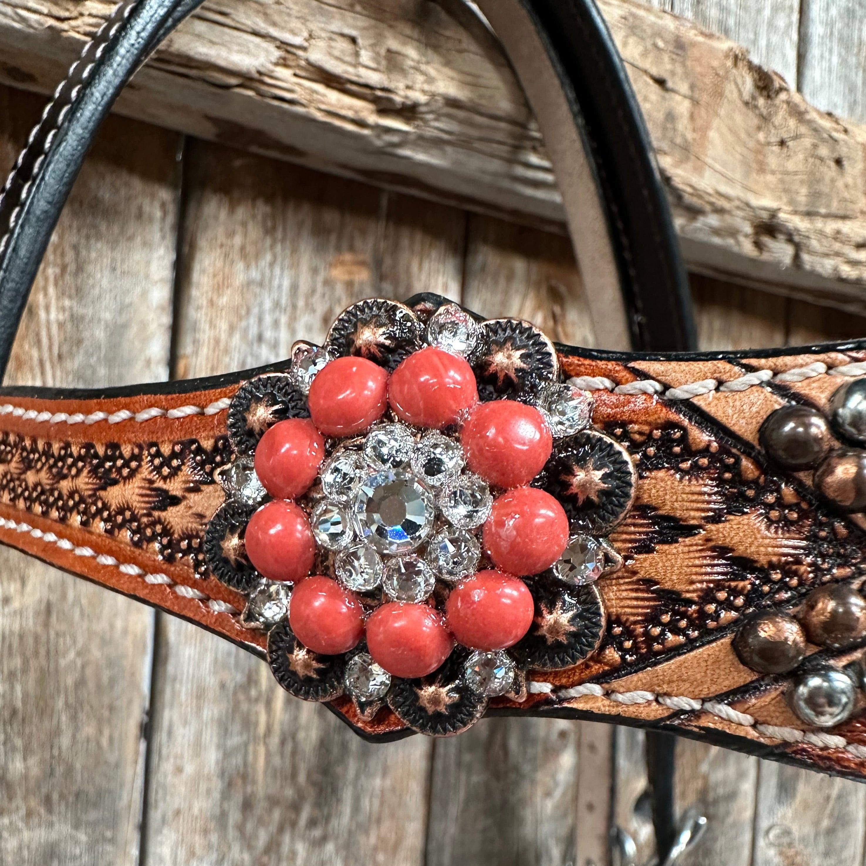 Rose Coral and Clear Browband/ Breastcollar #BBBC525 - RODEO DRIVE