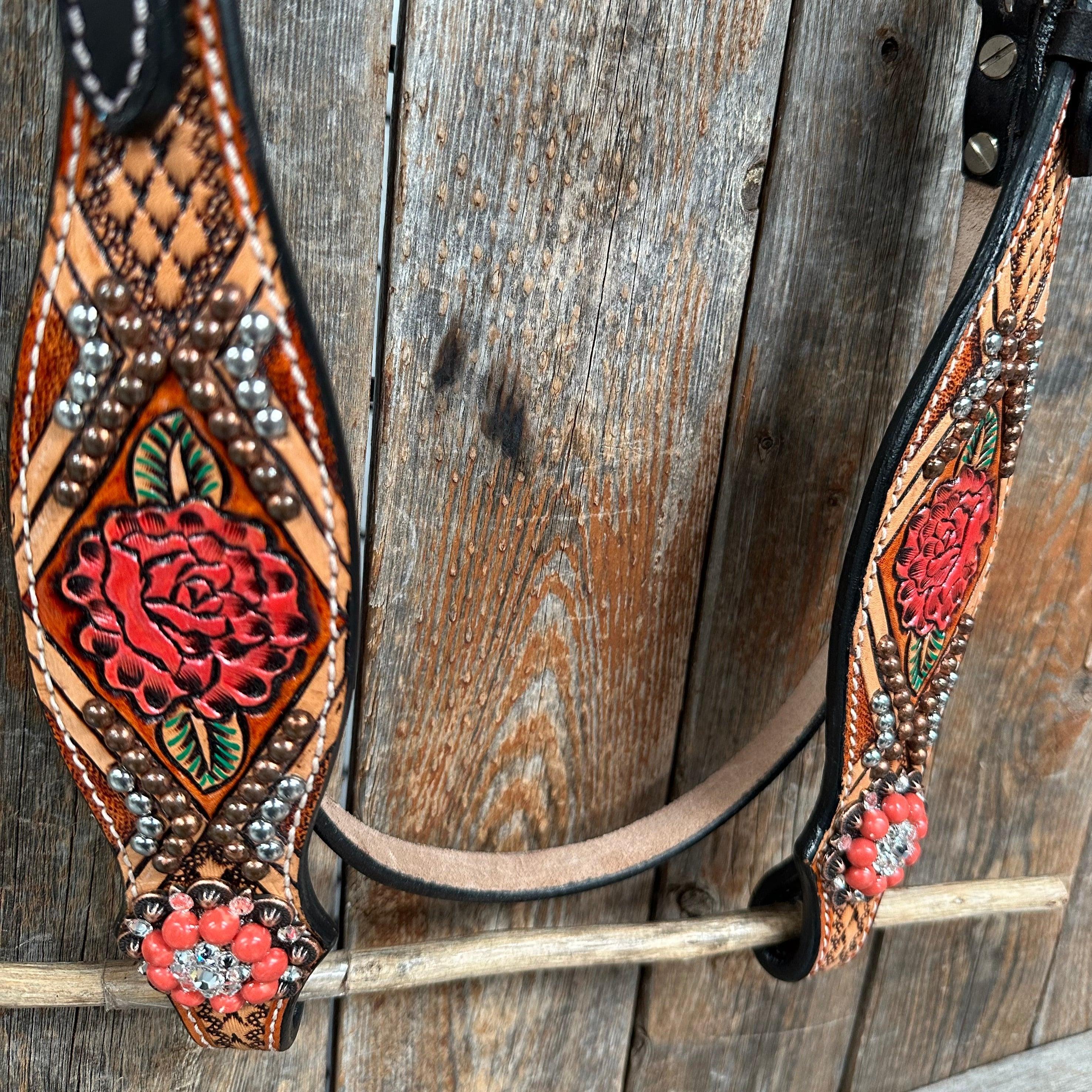 Rose Coral and Clear Browband/ Breastcollar #BBBC525 - RODEO DRIVE