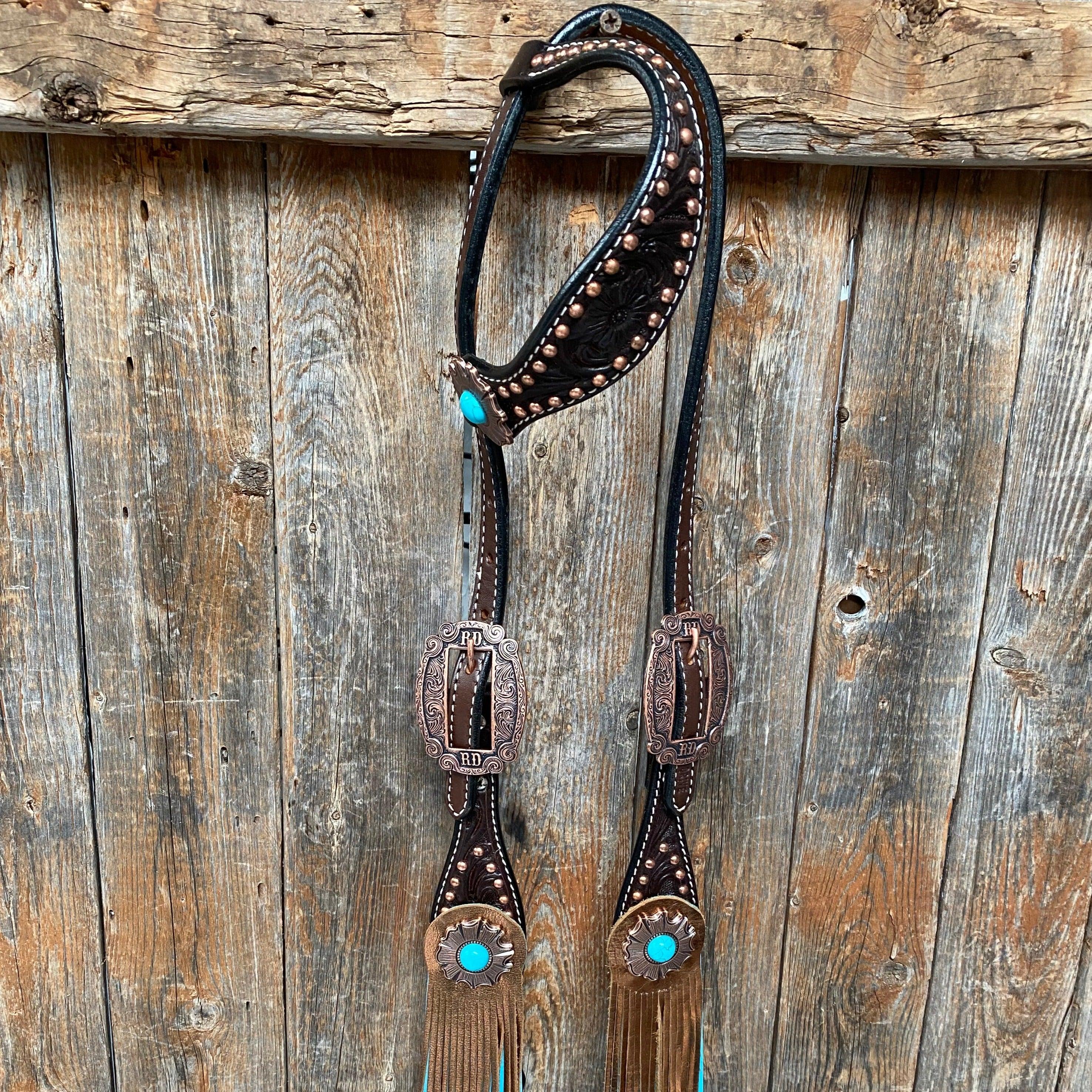 Dark Oil Copper Dot Turquoise Browband/One Ear Tack Set #BBBC498 - RODEO DRIVE