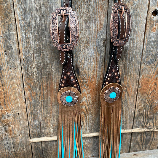 Dark Oil Copper Dot Turquoise Browband/One Ear Tack Set #BBBC498 - RODEO DRIVE
