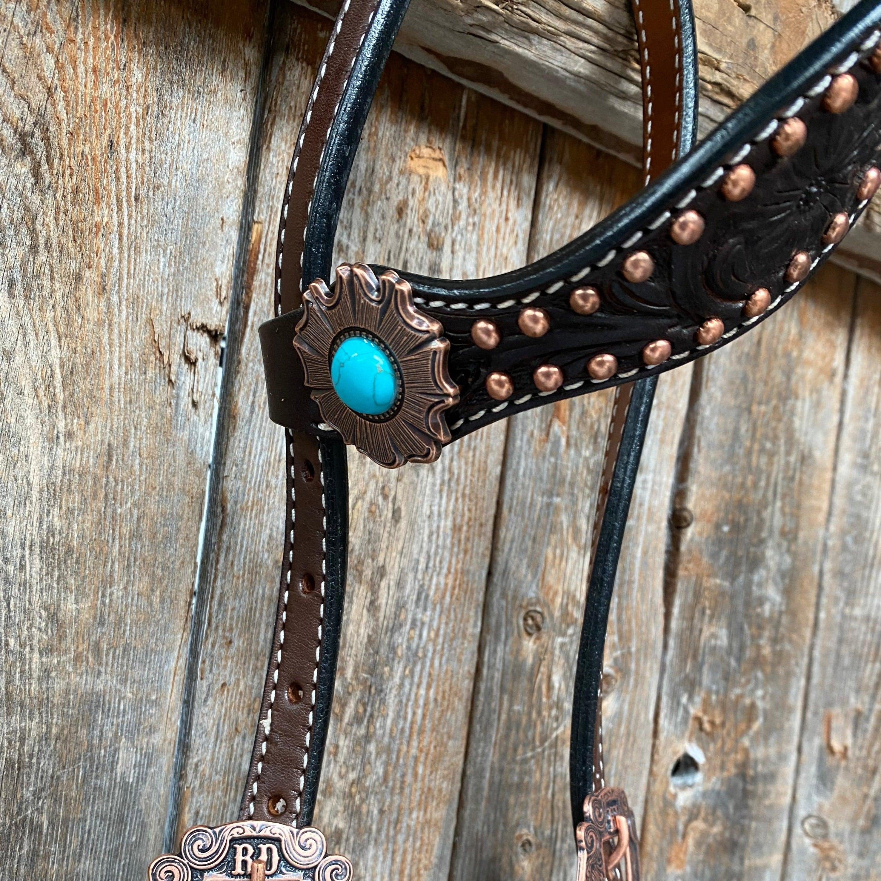 Dark Oil Copper Dot Turquoise Browband/One Ear Tack Set #BBBC498 - RODEO DRIVE