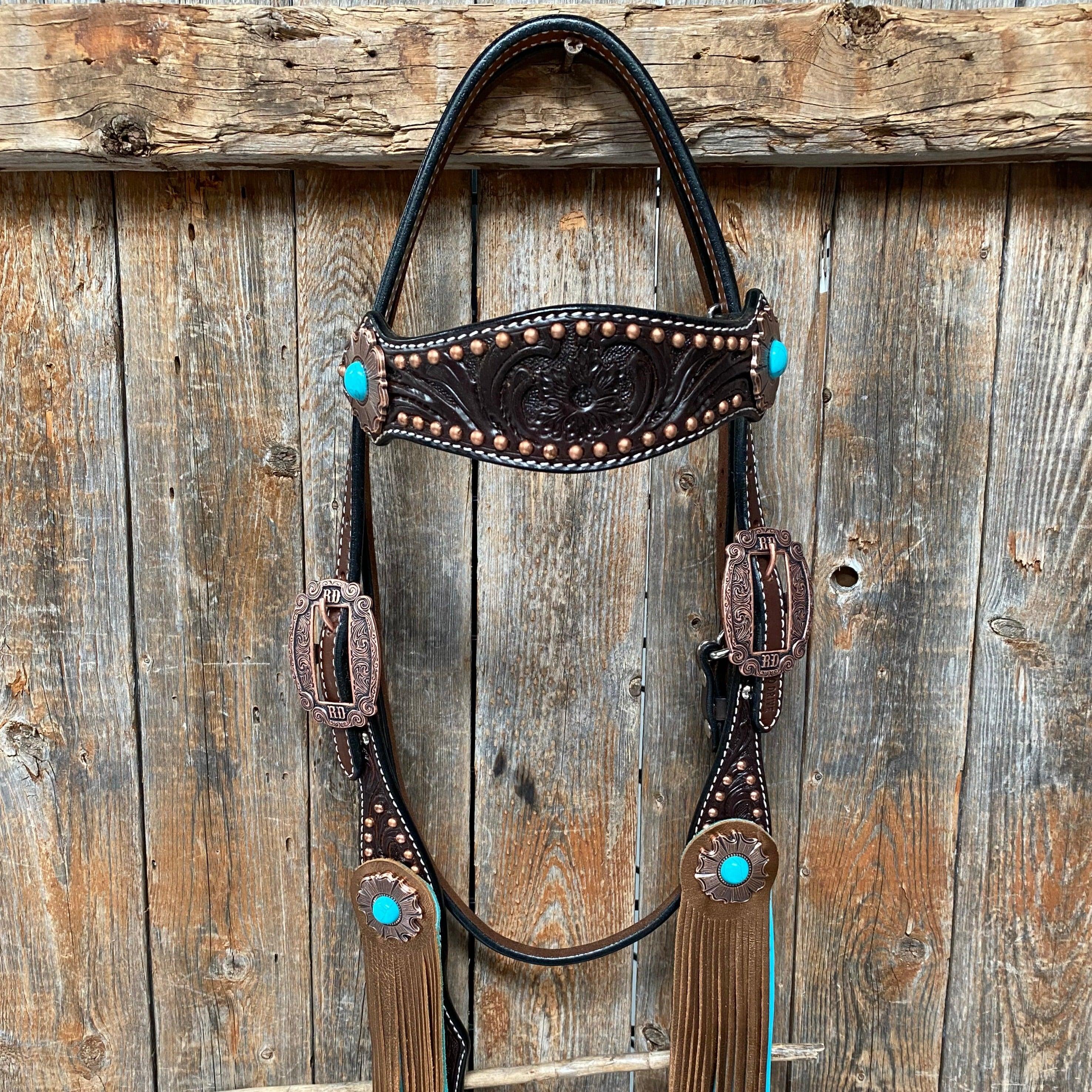 Dark Oil Copper Dot Turquoise Browband/One Ear Tack Set #BBBC498 - RODEO DRIVE