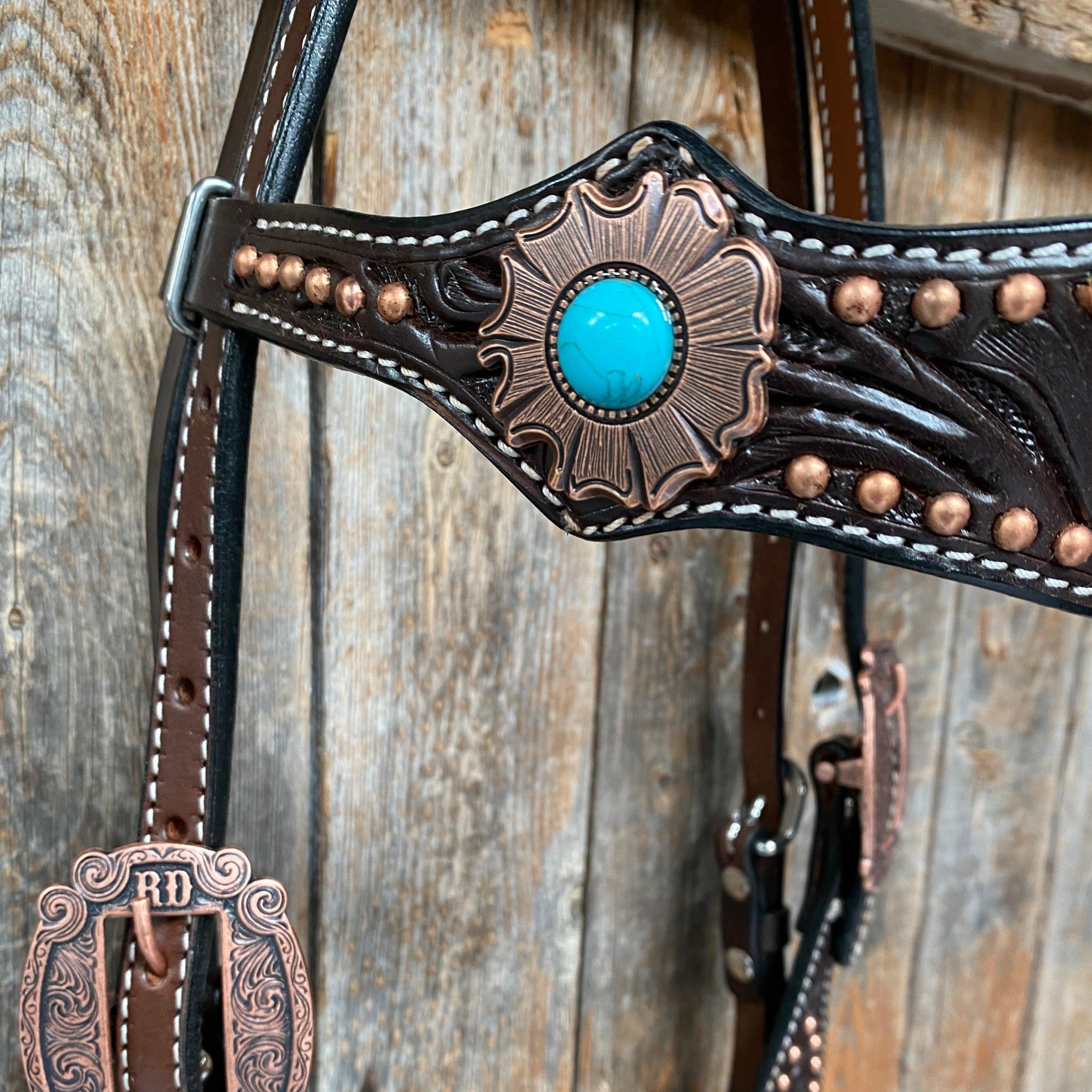 Dark Oil Copper Dot Turquoise Browband/One Ear Tack Set #BBBC498 - RODEO DRIVE