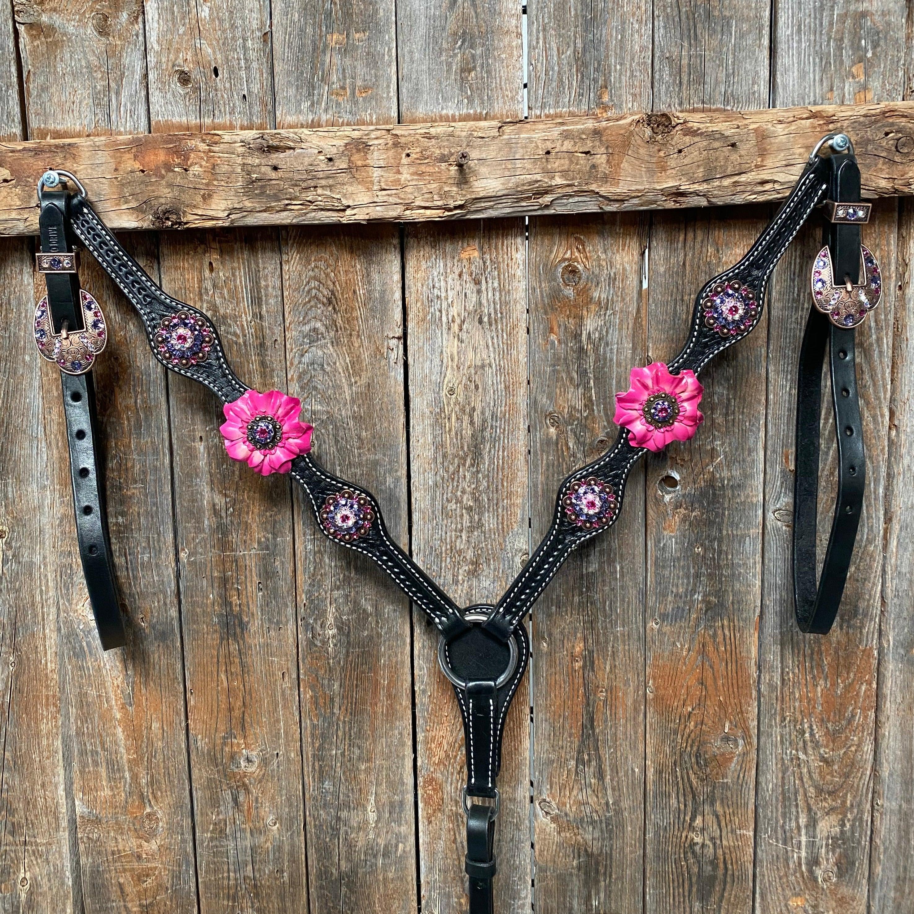 Black Basketweave Pink and Purple Browband/One Ear Tack Set #BBBC407 - RODEO DRIVE