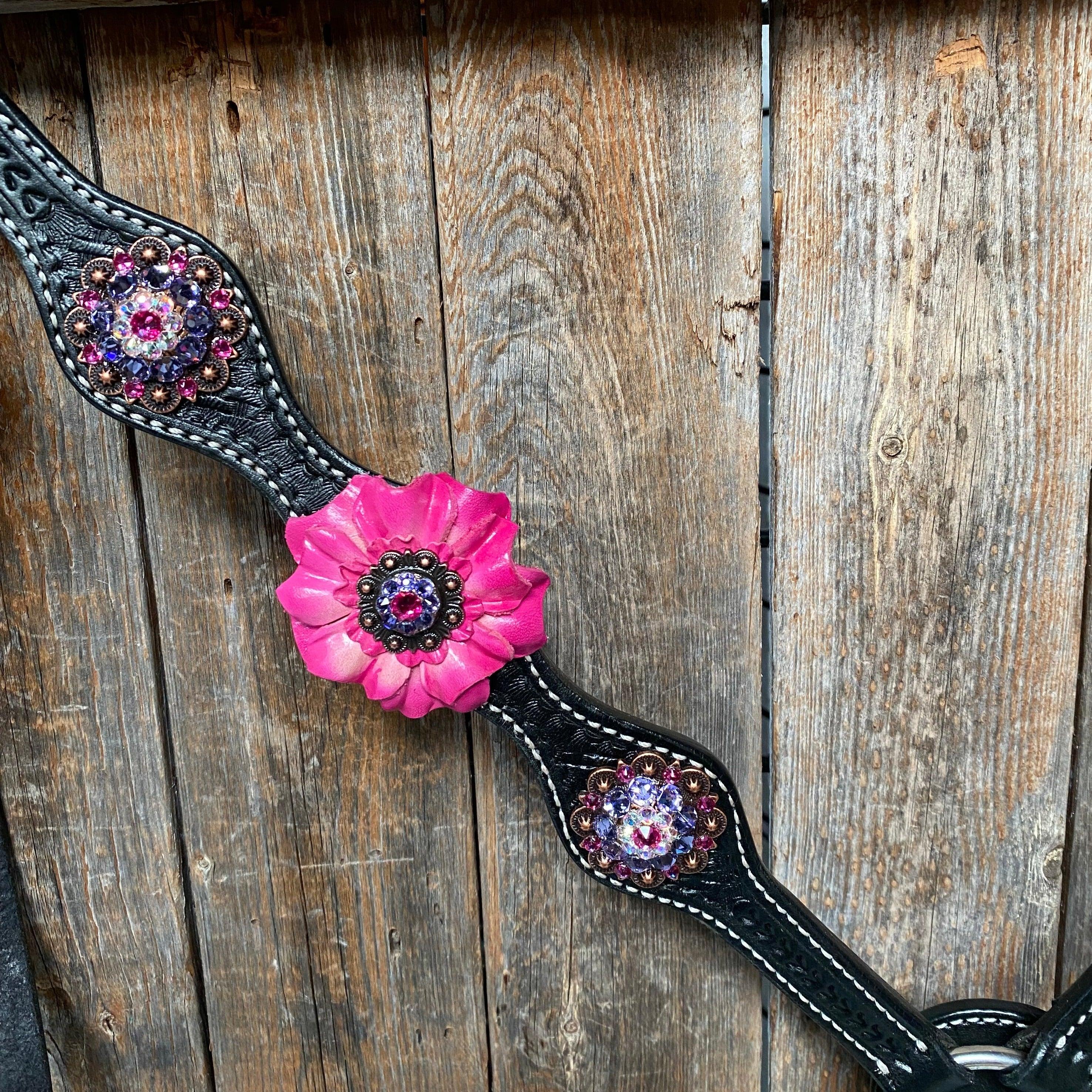 Black Basketweave Pink and Purple Browband/One Ear Tack Set #BBBC407 - RODEO DRIVE