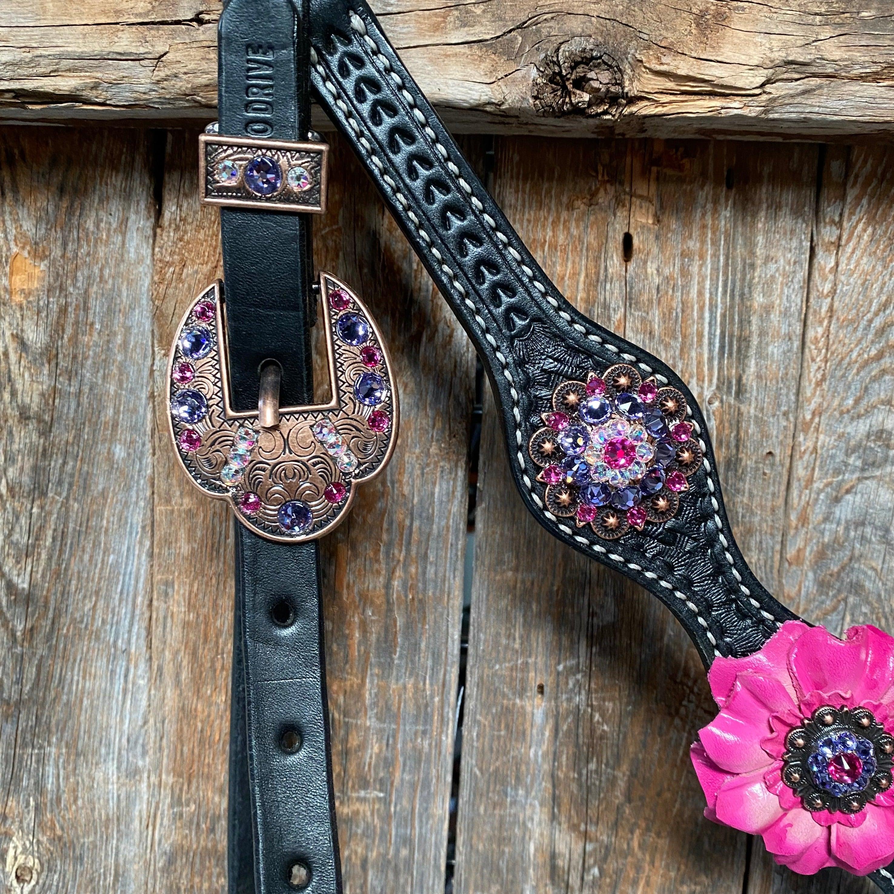 Black Basketweave Pink and Purple Browband/One Ear Tack Set #BBBC407 - RODEO DRIVE