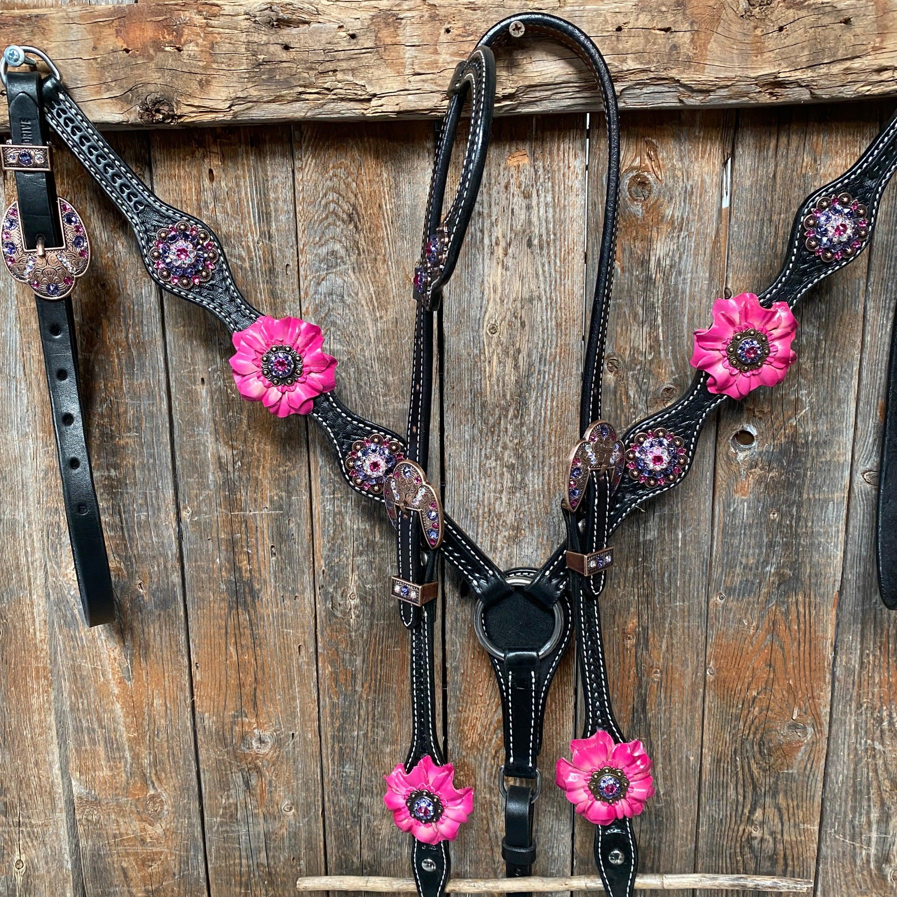 Black Basketweave Pink and Purple Browband/One Ear Tack Set #BBBC407 - RODEO DRIVE