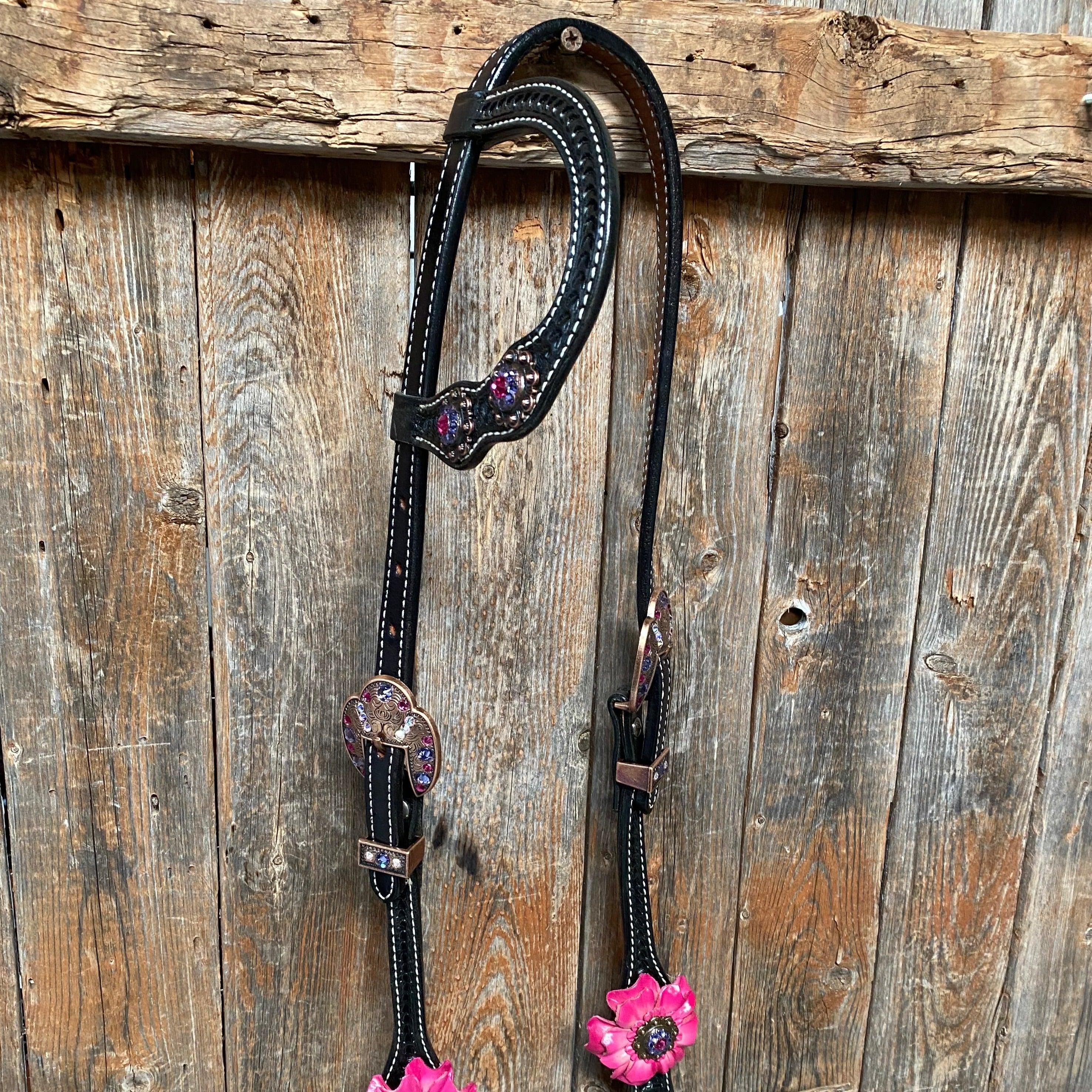 Black Basketweave Pink and Purple Browband/One Ear Tack Set #BBBC407 - RODEO DRIVE