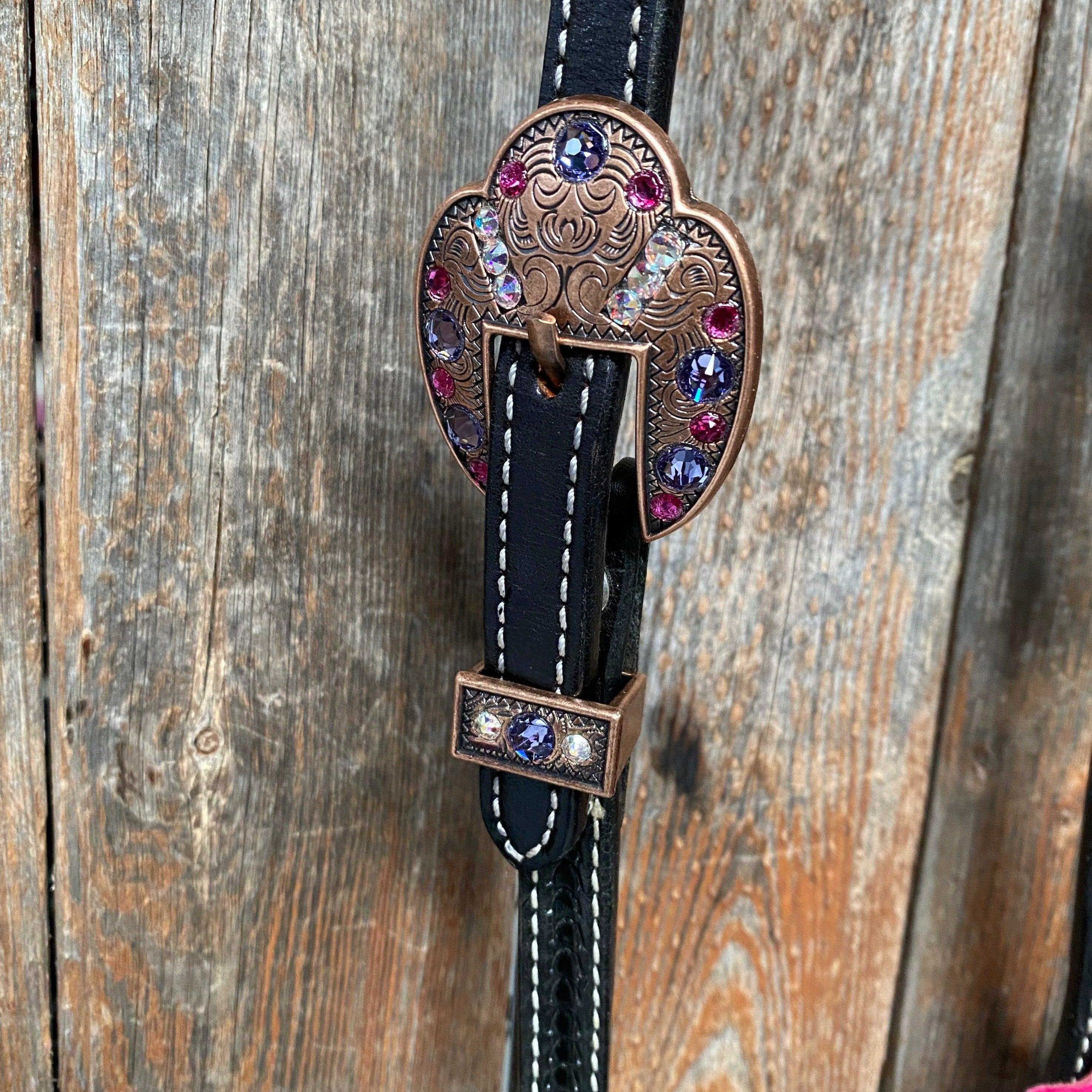 Black Basketweave Pink and Purple Browband/One Ear Tack Set #BBBC407 - RODEO DRIVE