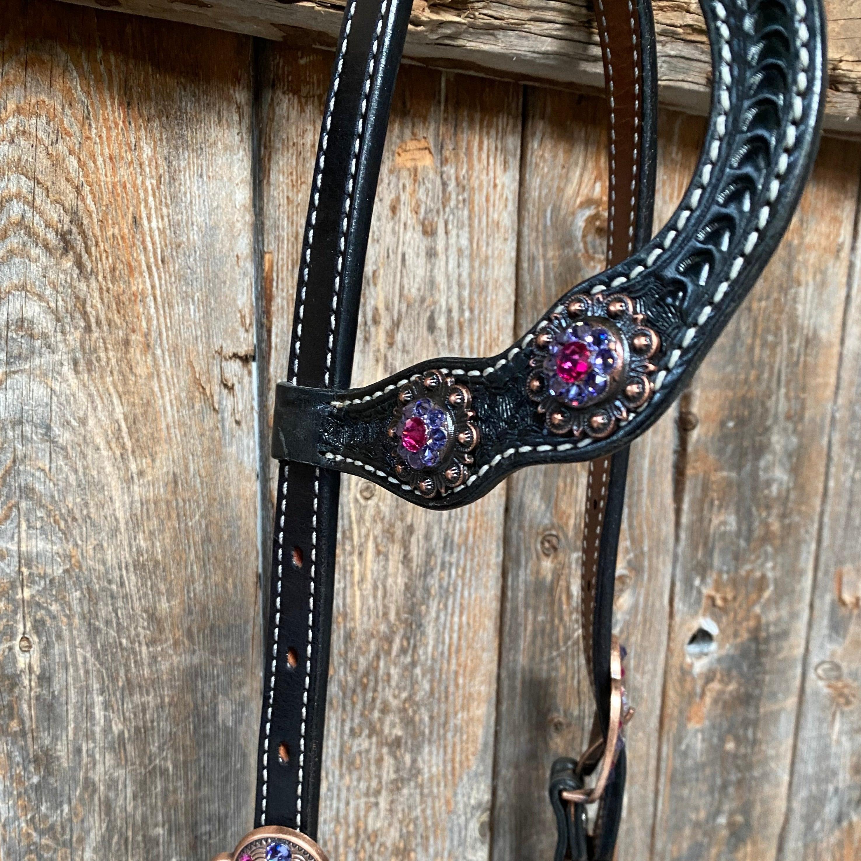 Black Basketweave Pink and Purple Browband/One Ear Tack Set #BBBC407 - RODEO DRIVE
