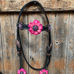 Black Basketweave Pink and Purple Browband/One Ear Tack Set #BBBC407 - RODEO DRIVE