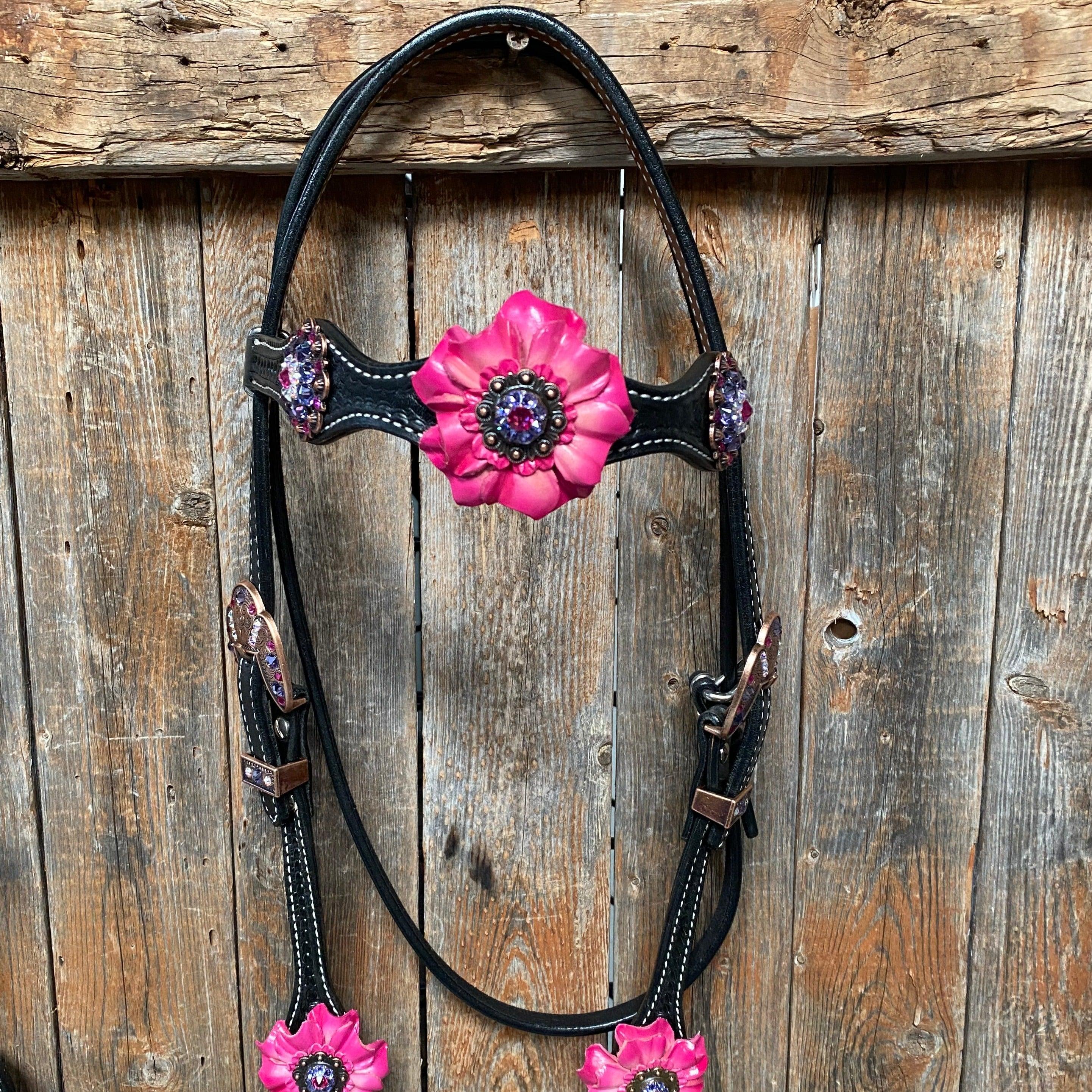 Black Basketweave Pink and Purple Browband/One Ear Tack Set #BBBC407 - RODEO DRIVE