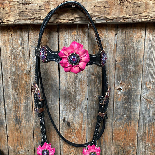 Black Basketweave Pink and Purple Browband/One Ear Tack Set #BBBC407 - RODEO DRIVE