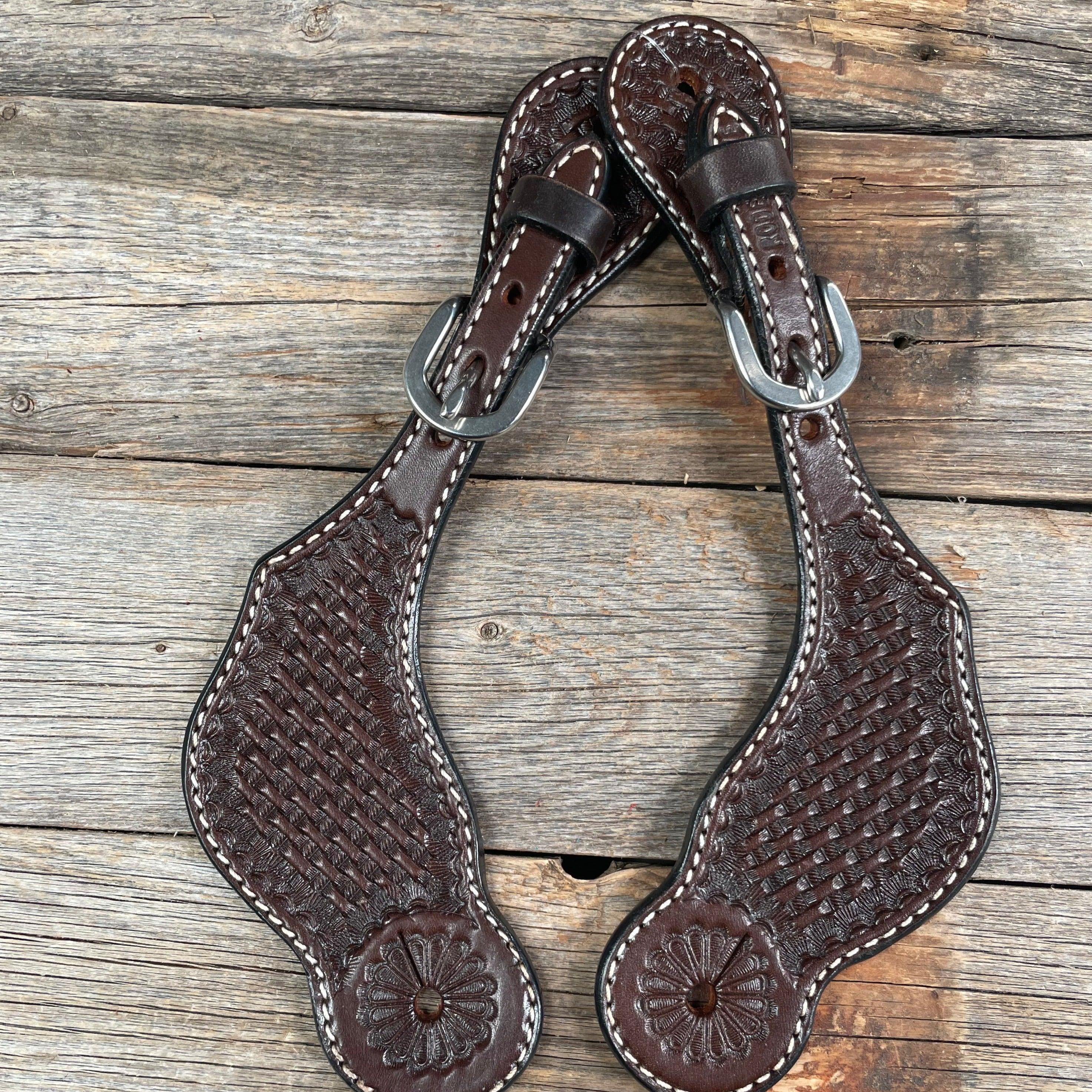 Dark Oil Basketweave Tooled Spur Straps - RODEO DRIVE