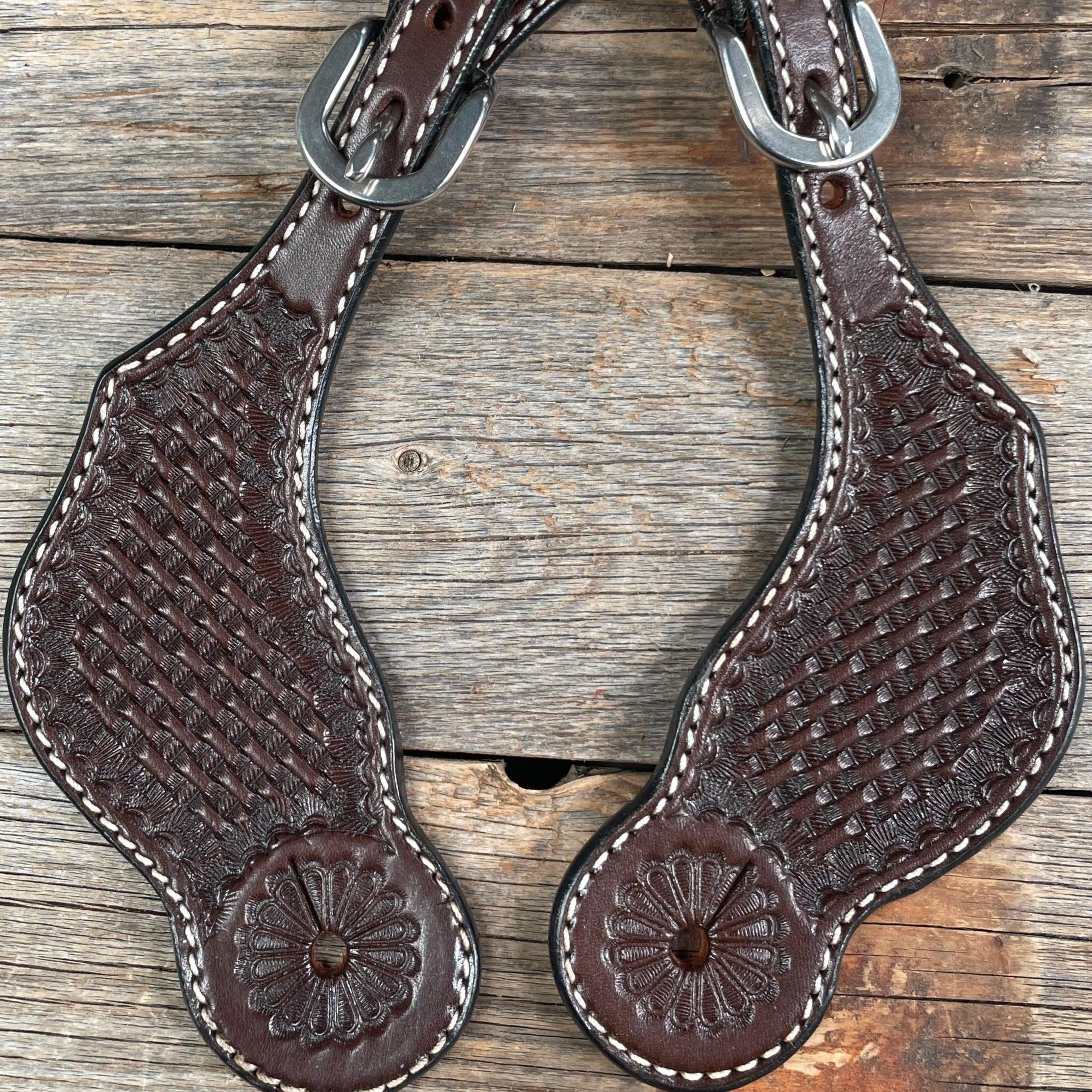 Dark Oil Basketweave Tooled Spur Straps - RODEO DRIVE