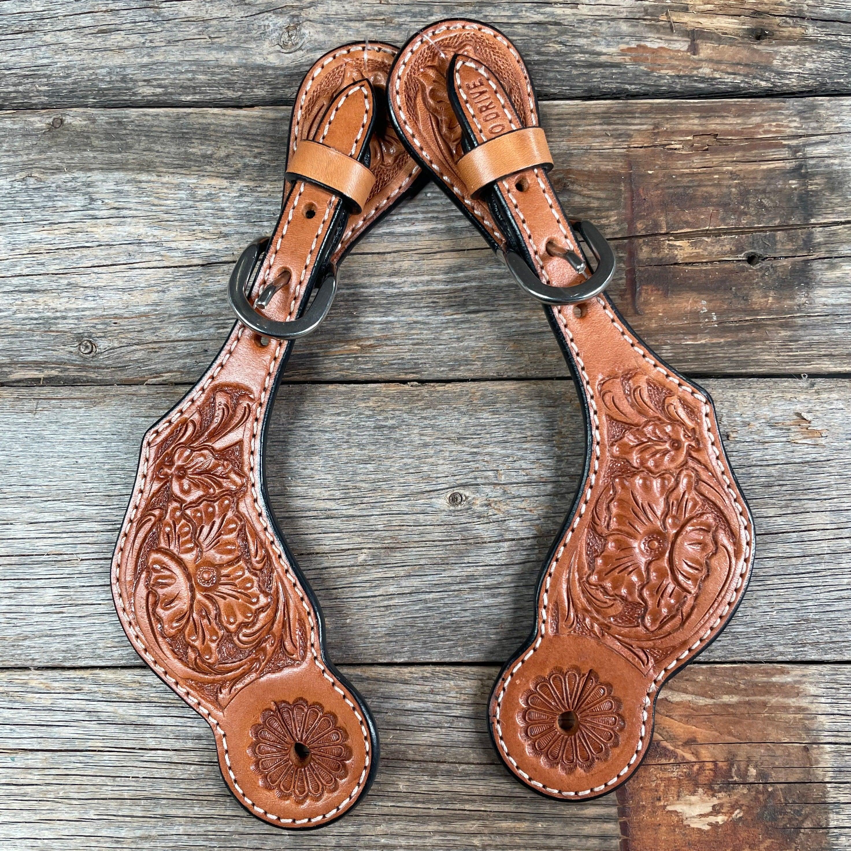 Light Oil Floral Tooled Spur Straps - RODEO DRIVE