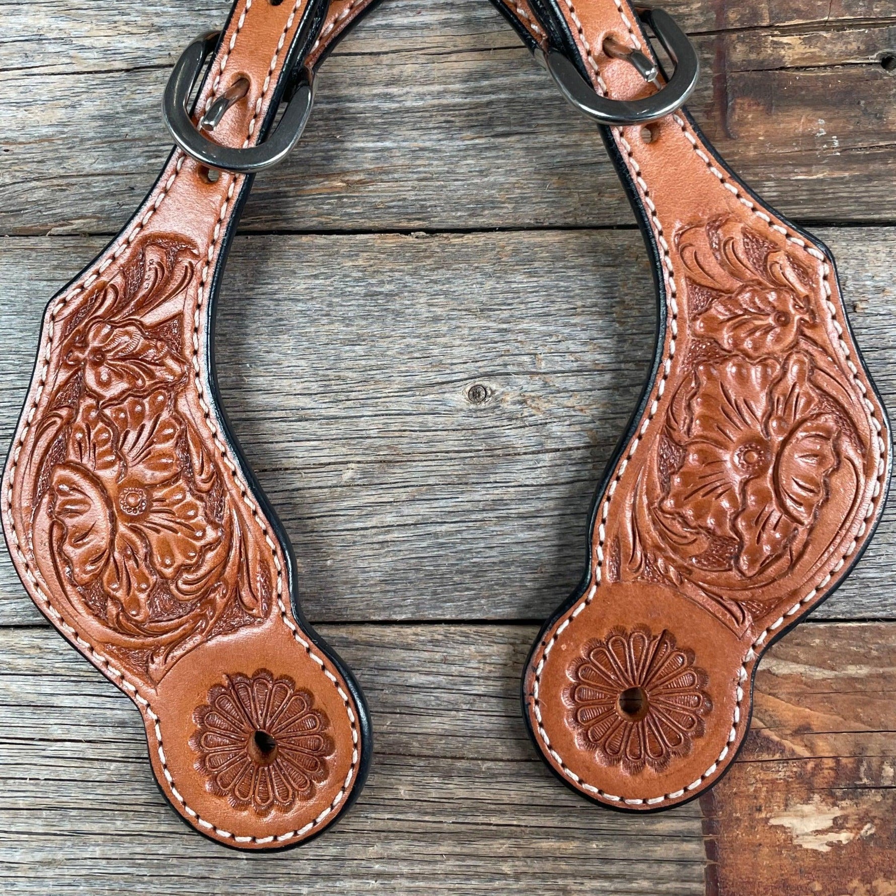 Light Oil Floral Tooled Spur Straps - RODEO DRIVE