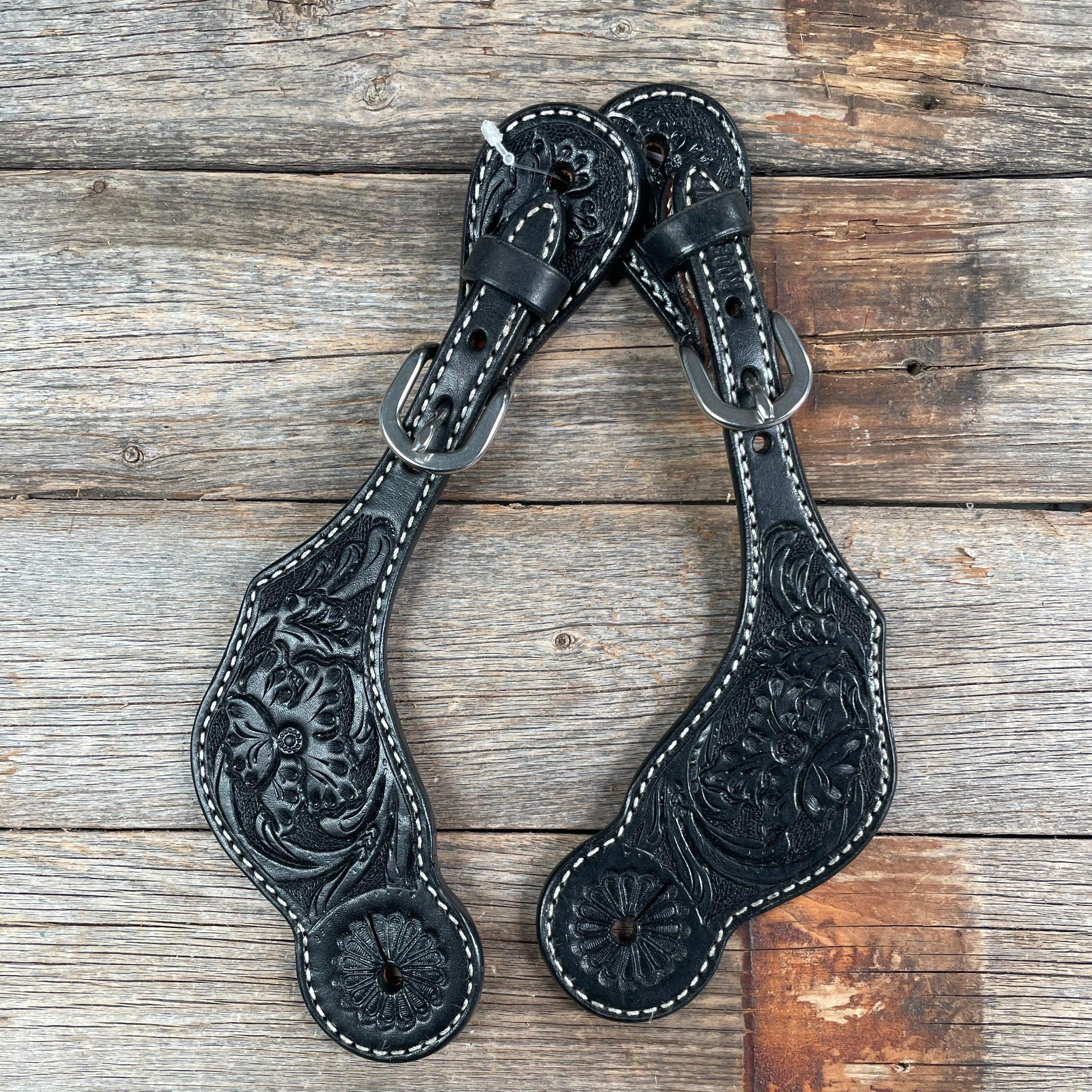 Black Floral Tooled Spur Straps - RODEO DRIVE