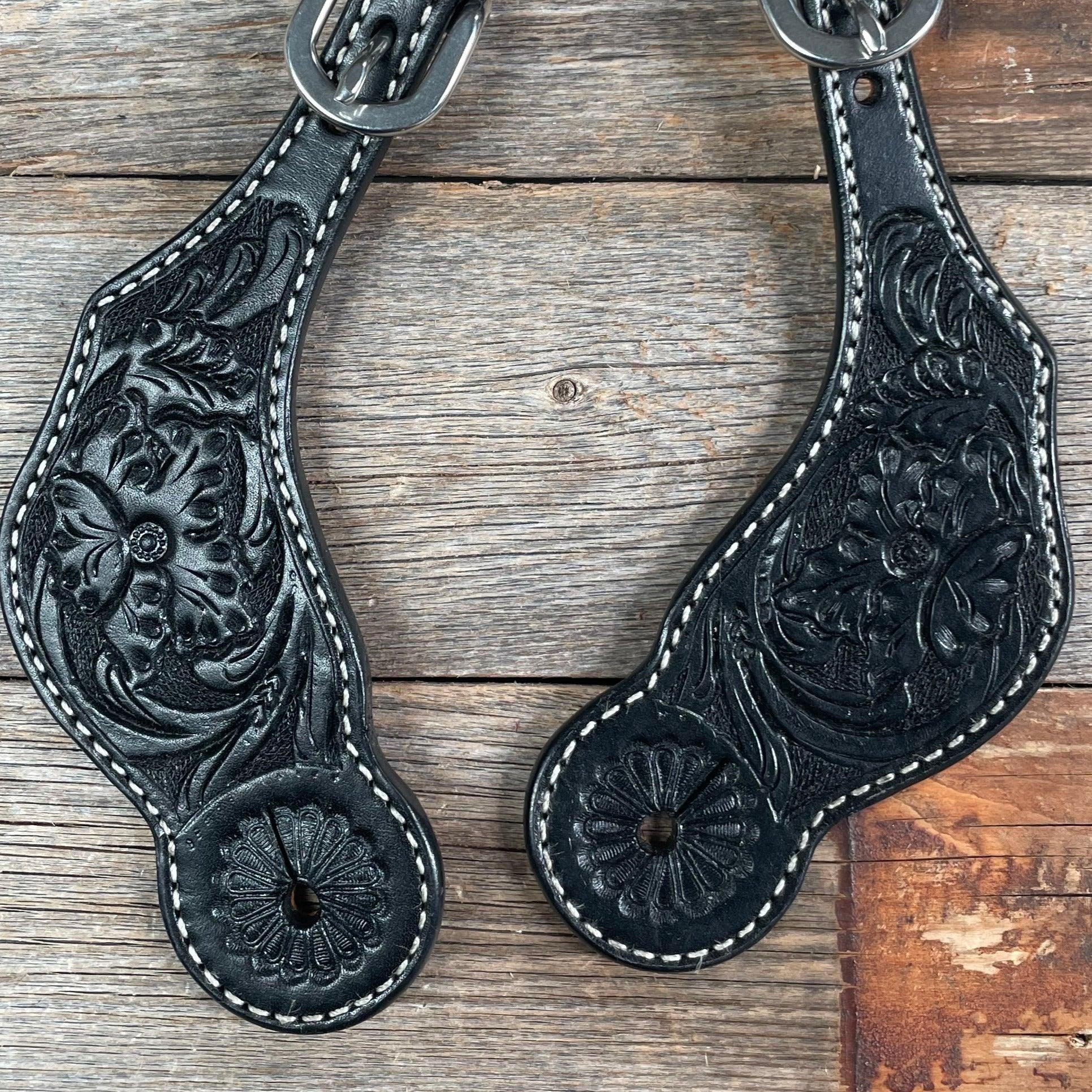 Black Floral Tooled Spur Straps - RODEO DRIVE