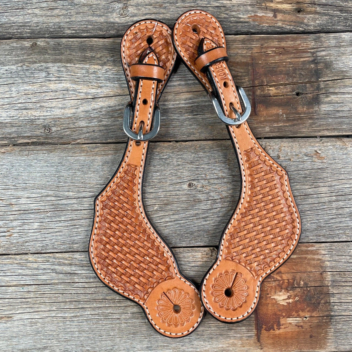 Light Oil Basketweave Tooled Spur Straps - RODEO DRIVE