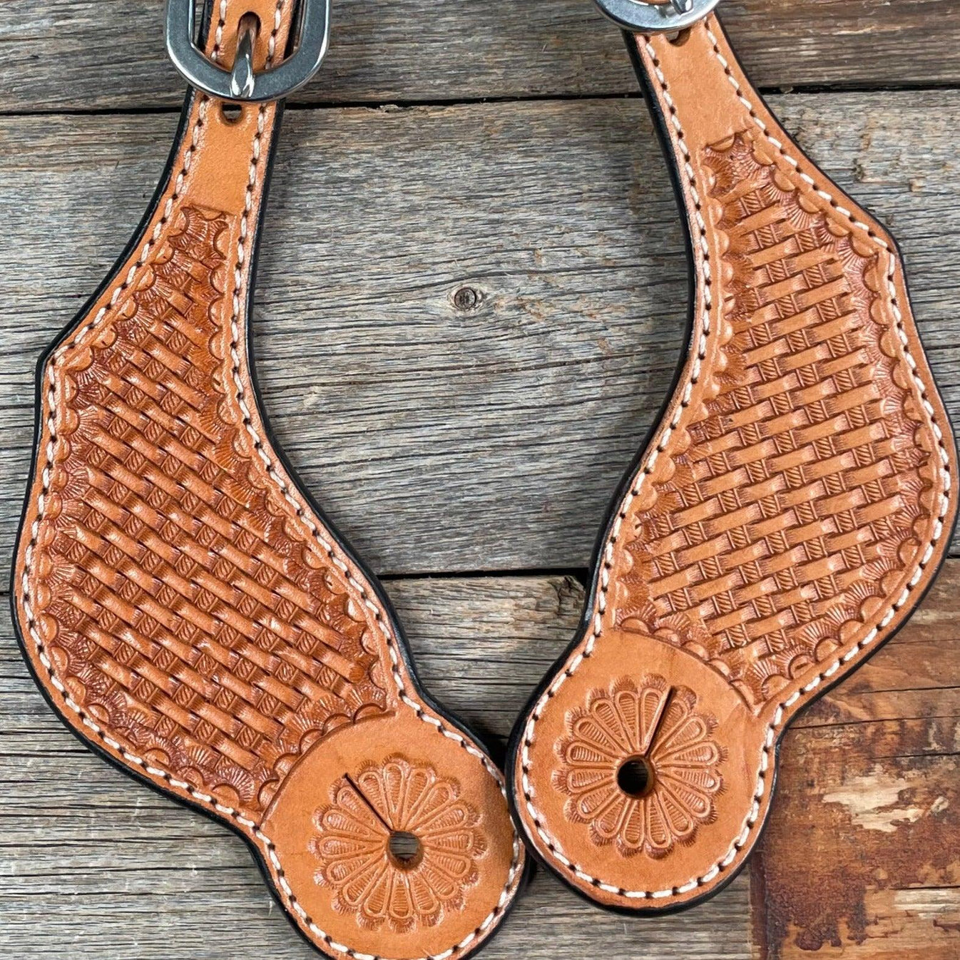 Light Oil Basketweave Tooled Spur Straps RODEO DRIVE